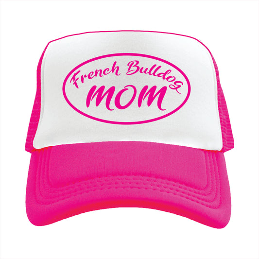 Pink and white trucker hat cap with 'French Bulldog MOM' text in a circular design on the front.