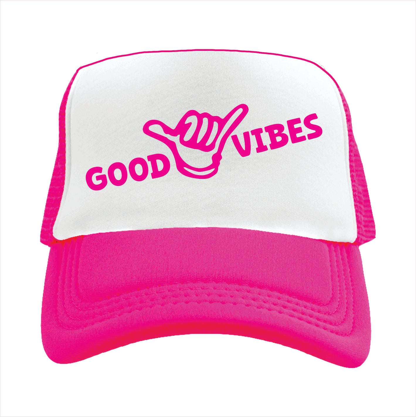 Pink and white cap with 'Good Vibes' text on a white background