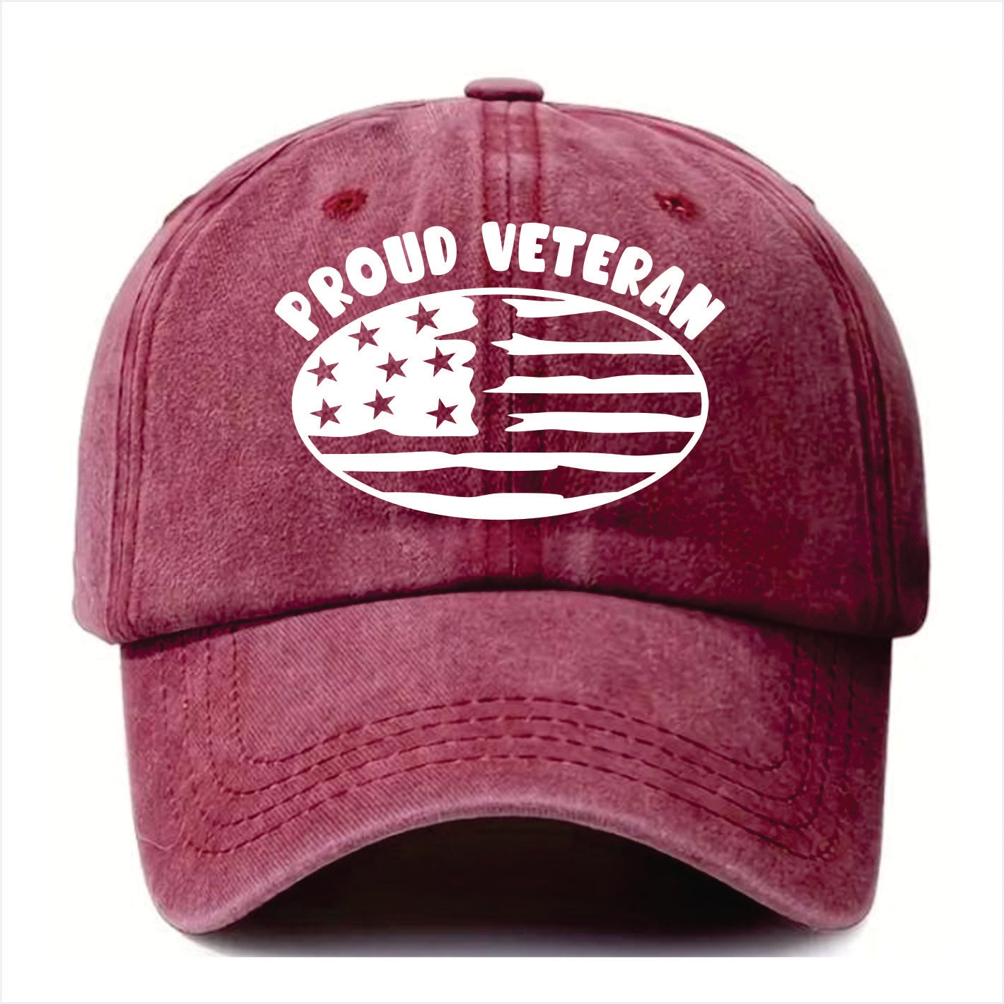 Burgundy cap with 'Proud Veteran' and American flag design on a white background
