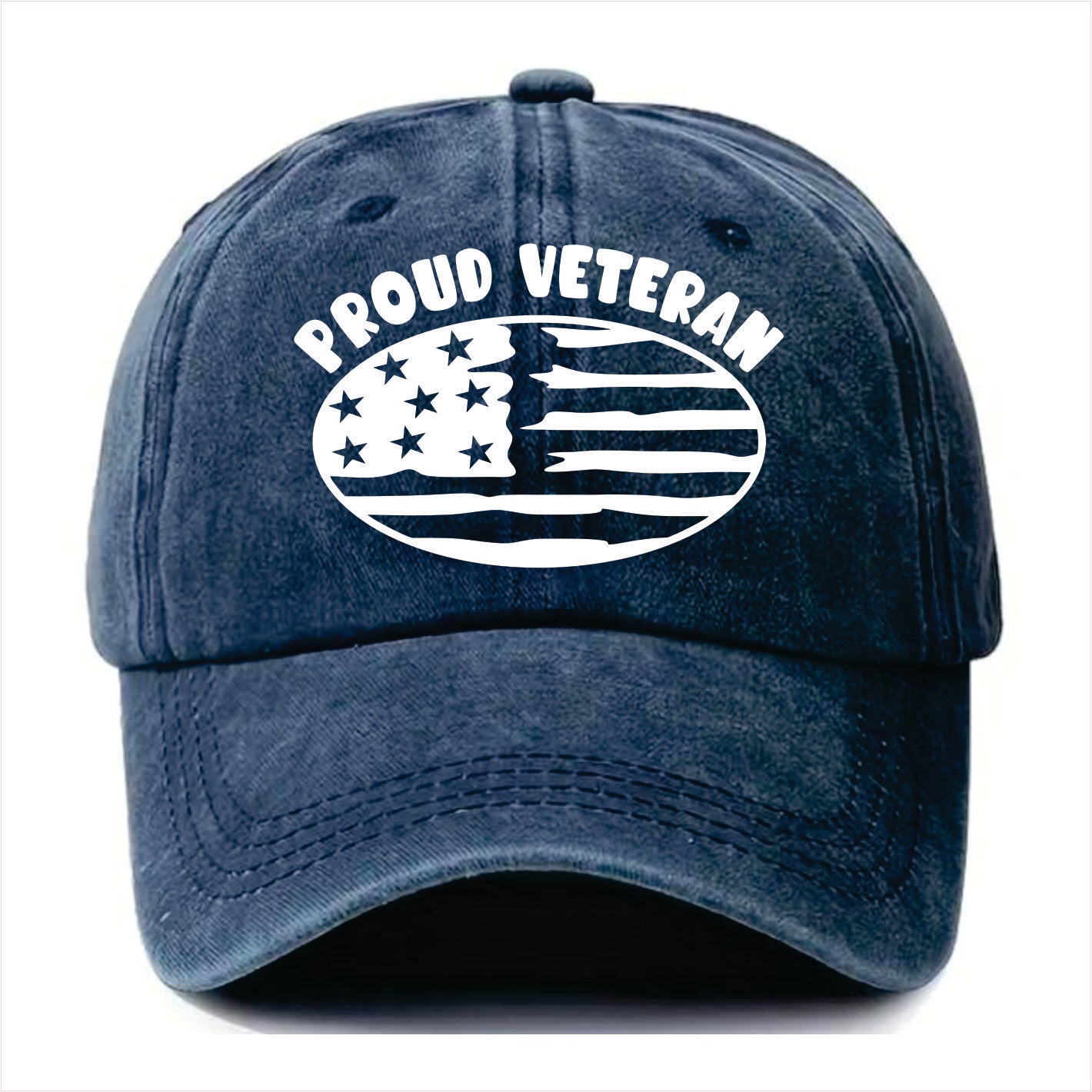 Blue cap with 'Proud Veteran' and American flag design on a white background