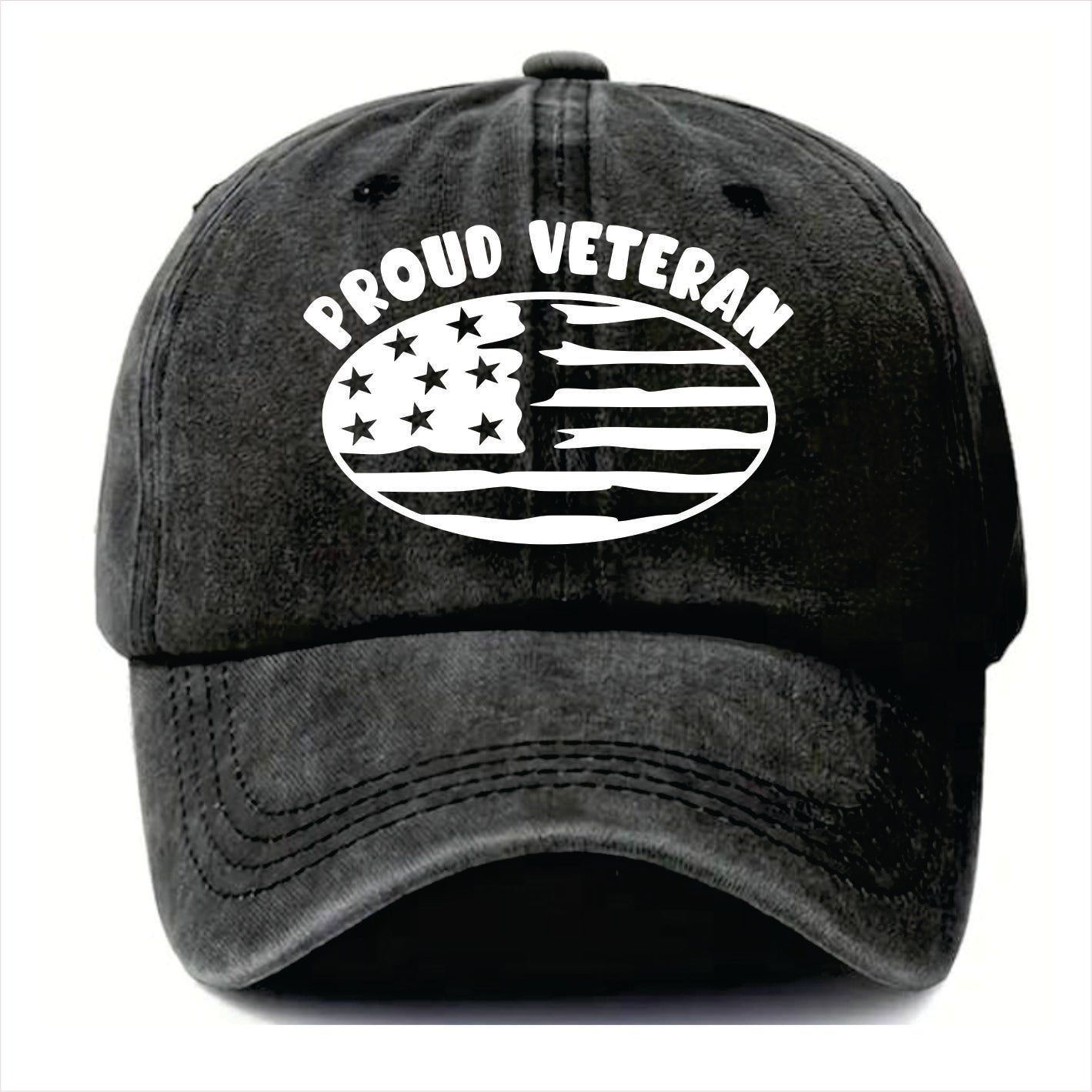 Black cap with 'Proud Veteran' and American flag design on a white background