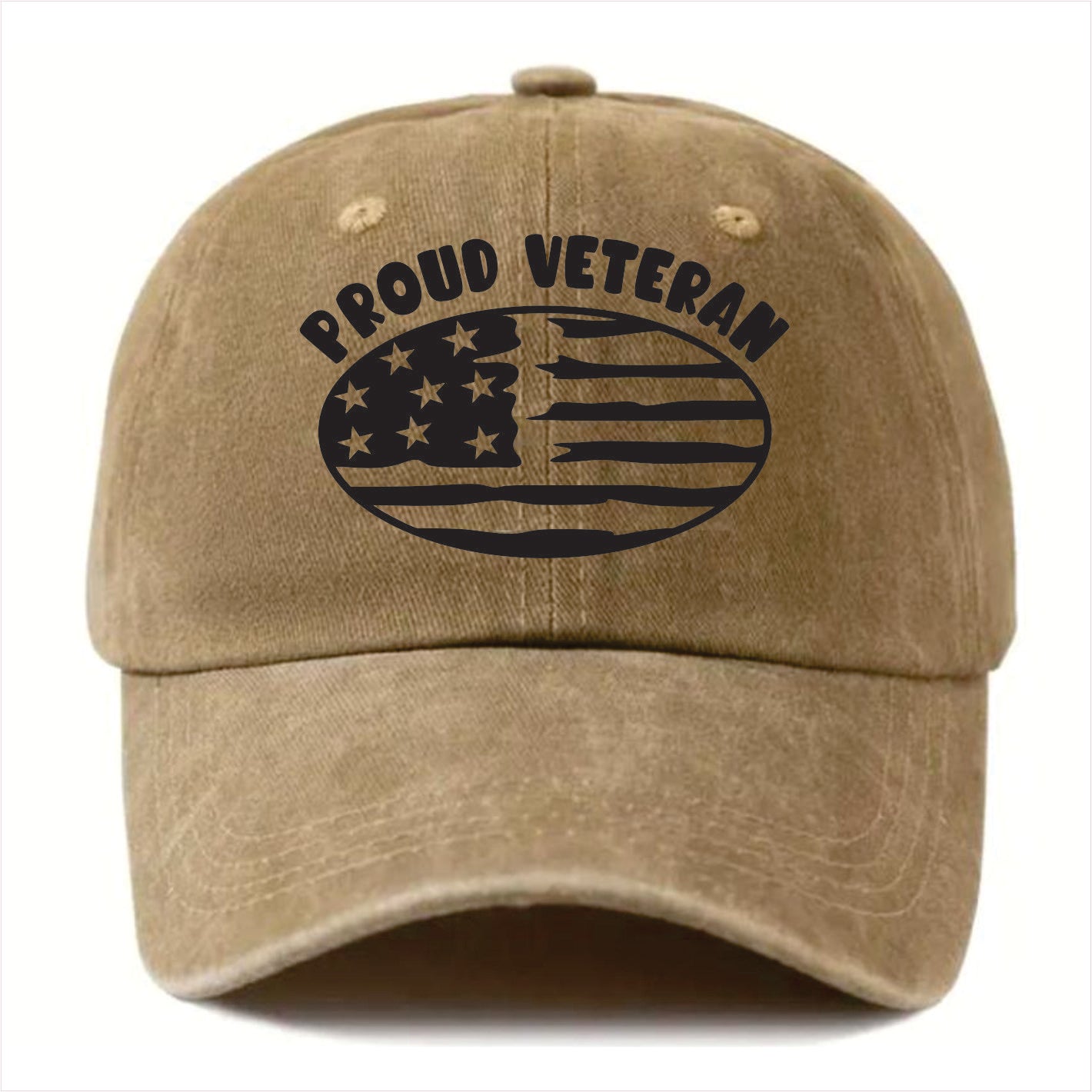 Khaki cap with 'Proud Veteran' and American flag design on a white background