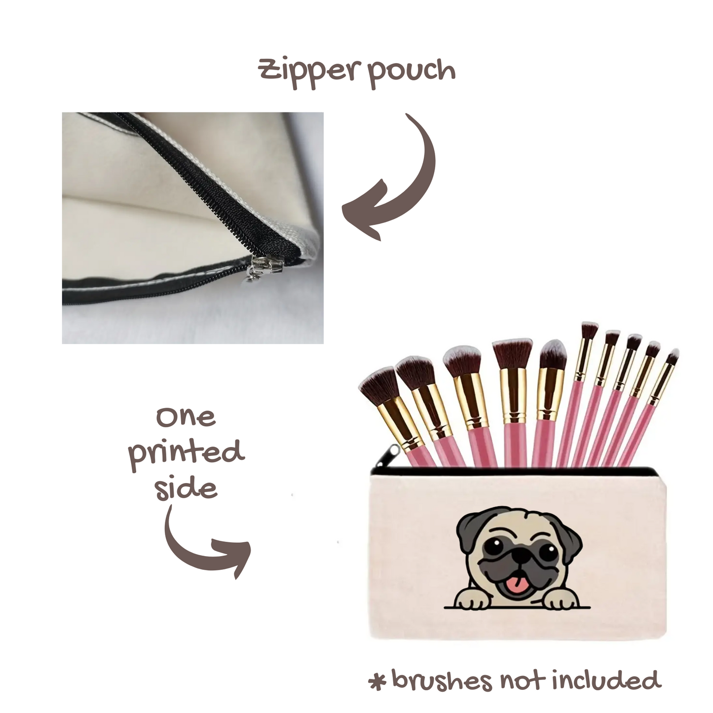 details of zipper make up bag with a pug design