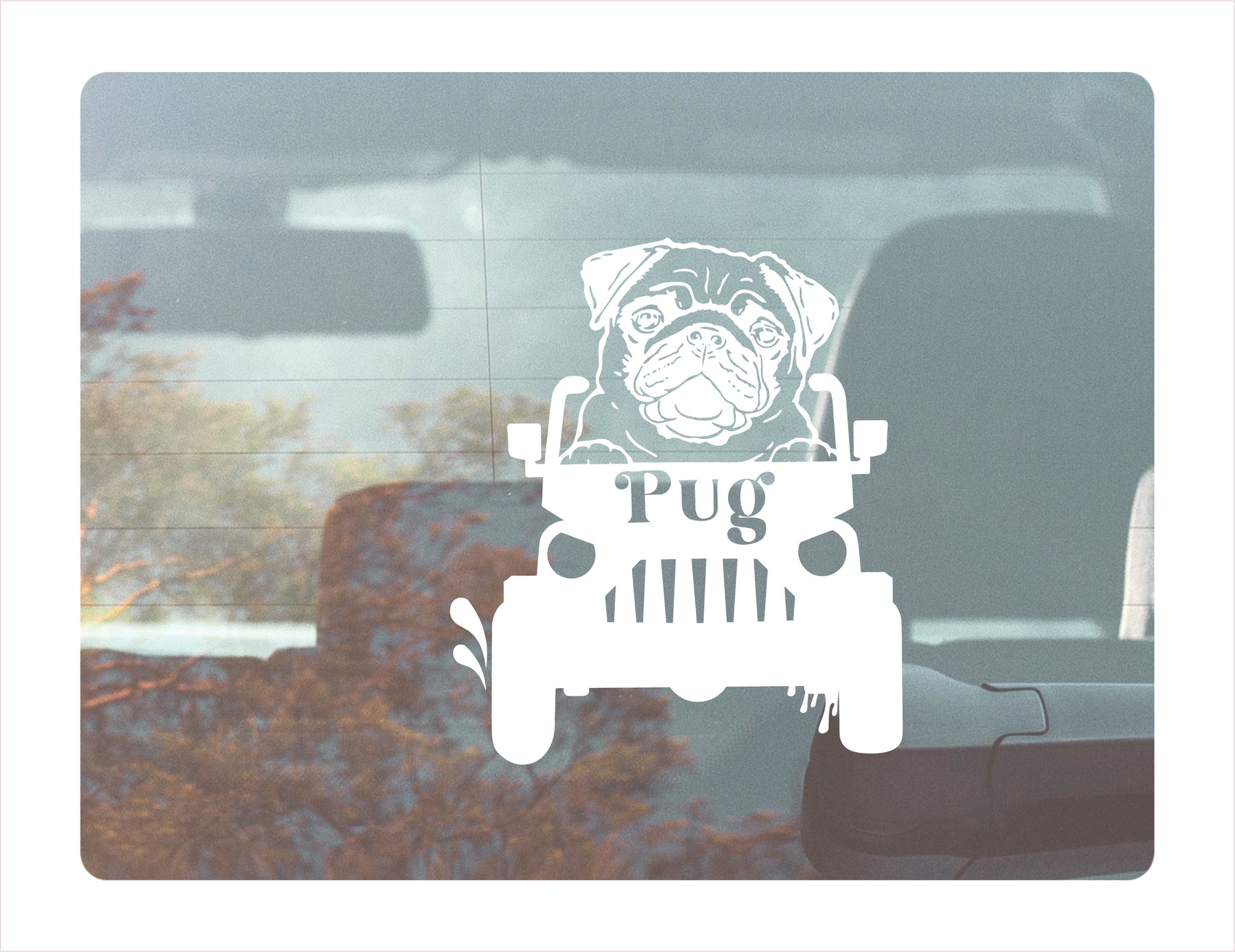 PUG DOG Offroad JEEP White Vinyl Decal Sticker