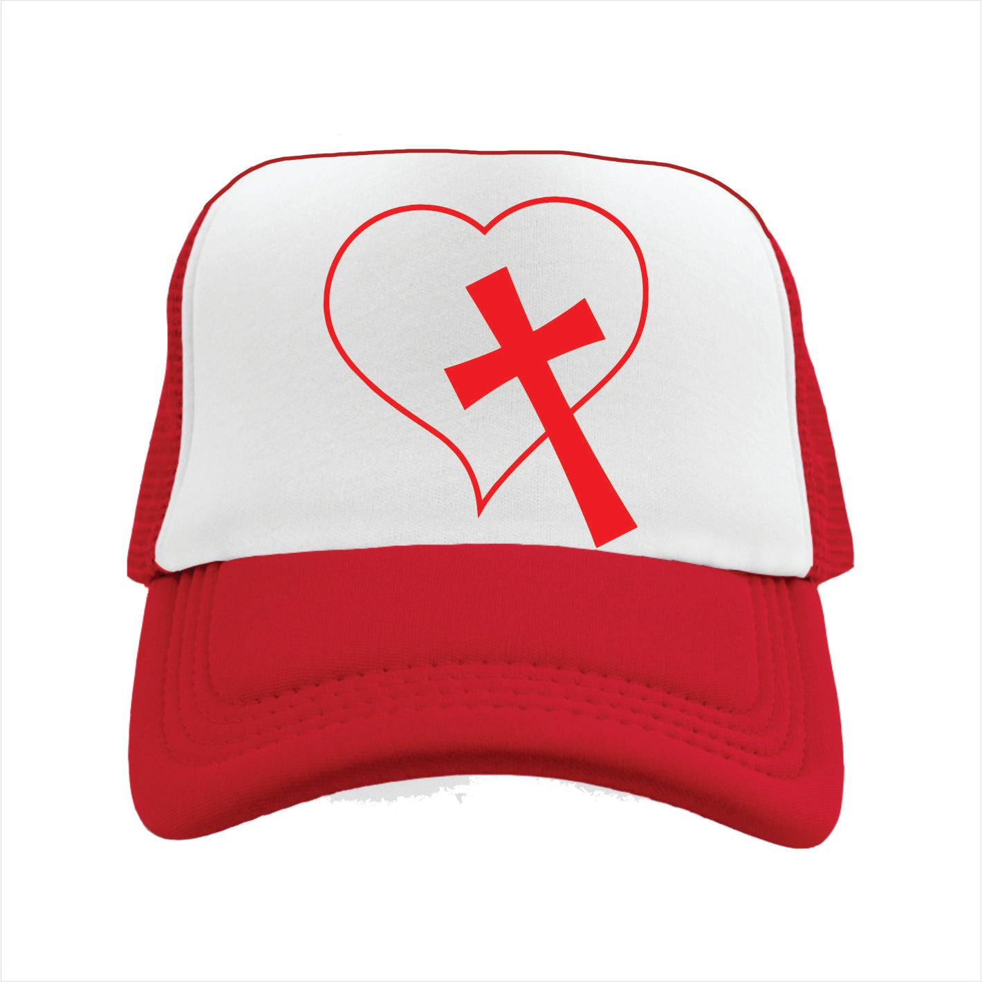 Red and white trucker hat cap with a heart and cross design on a white background