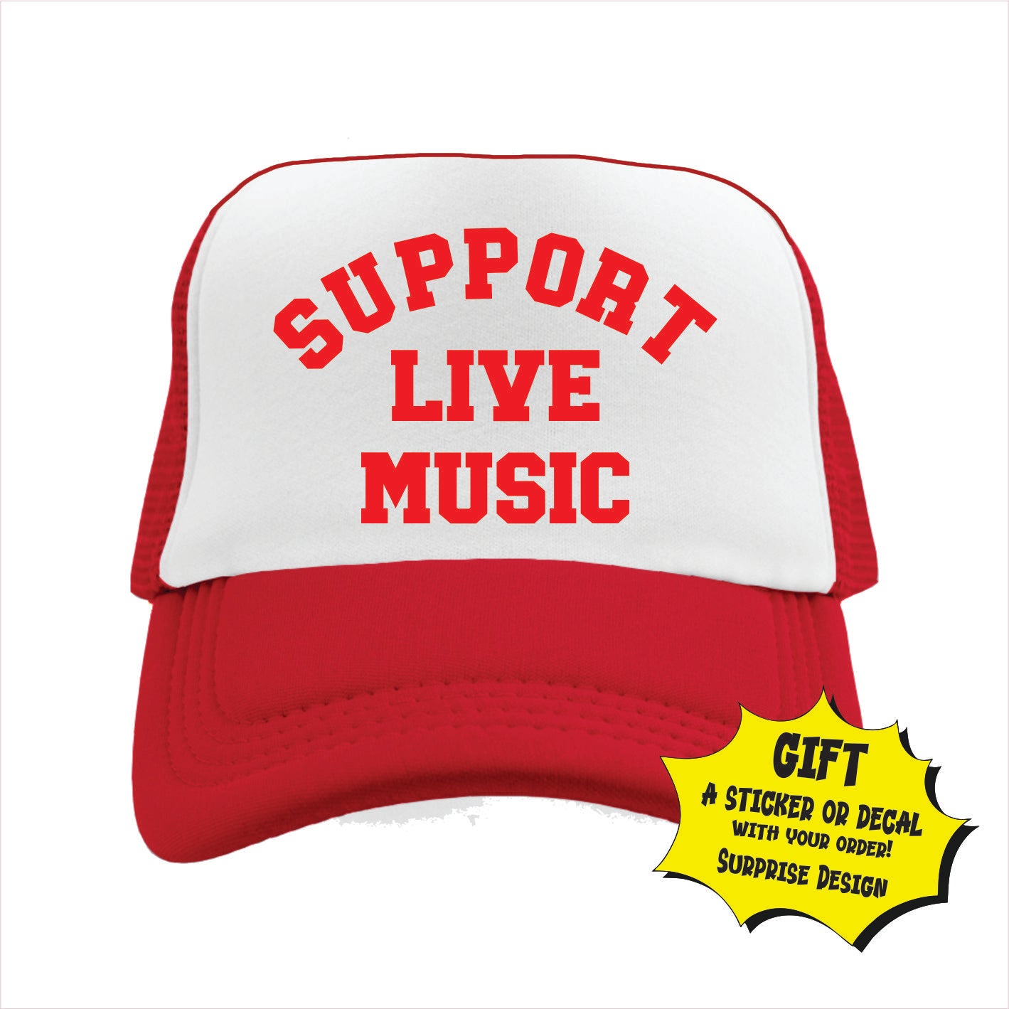 Red and white trucker hat cap with 'SUPPORT LIVE MUSIC' text in red.