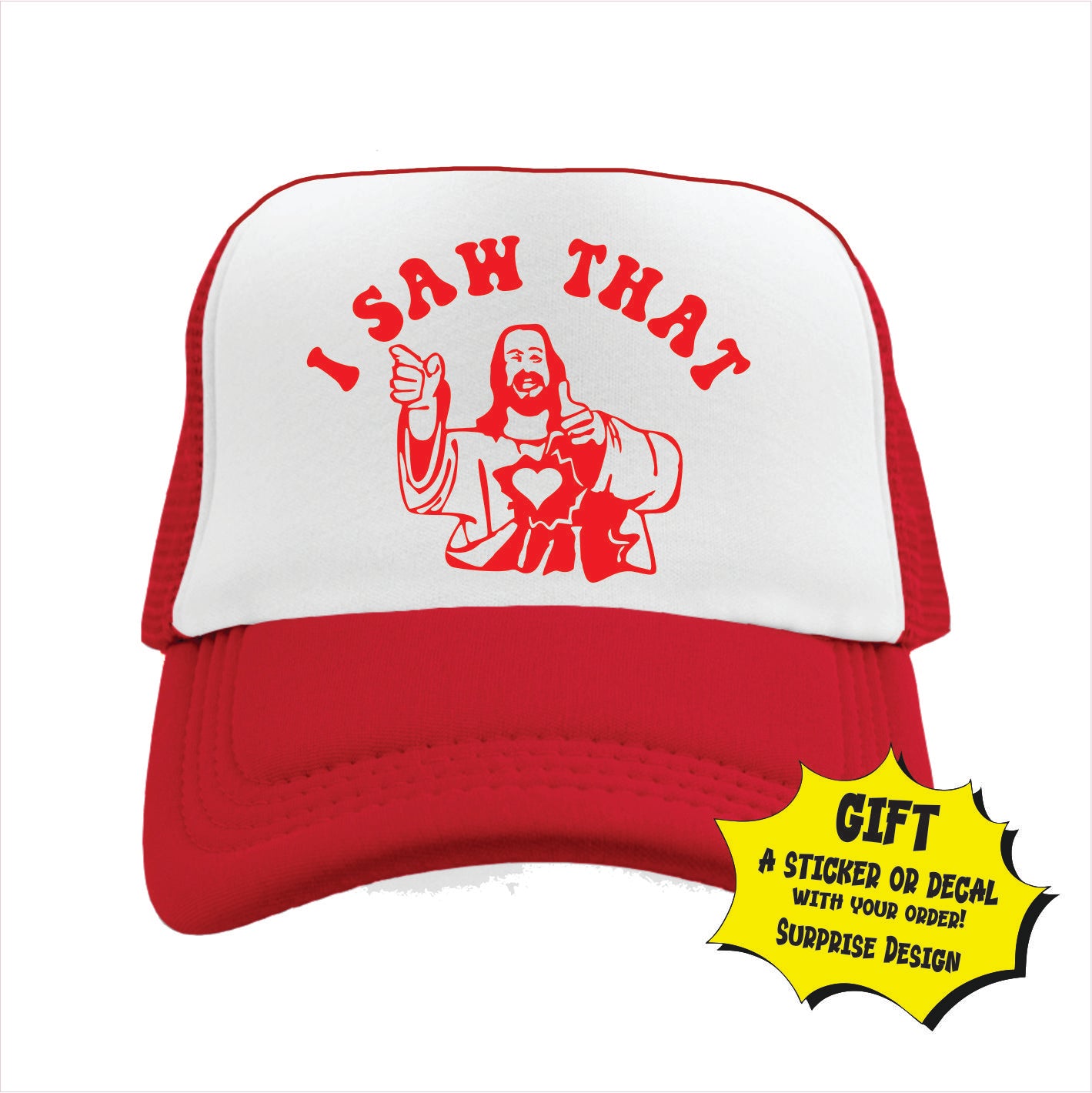 Red and white trucker hat cap with a text and graphic design featuring a stylized Jesus Christ figure.