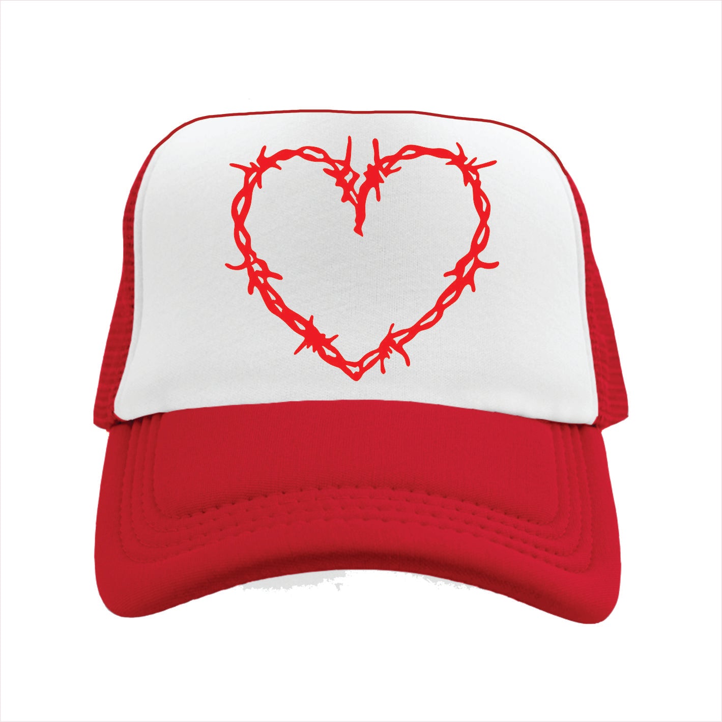 Red and white trucker hat cap with a heart made of barbed wire design on a white background