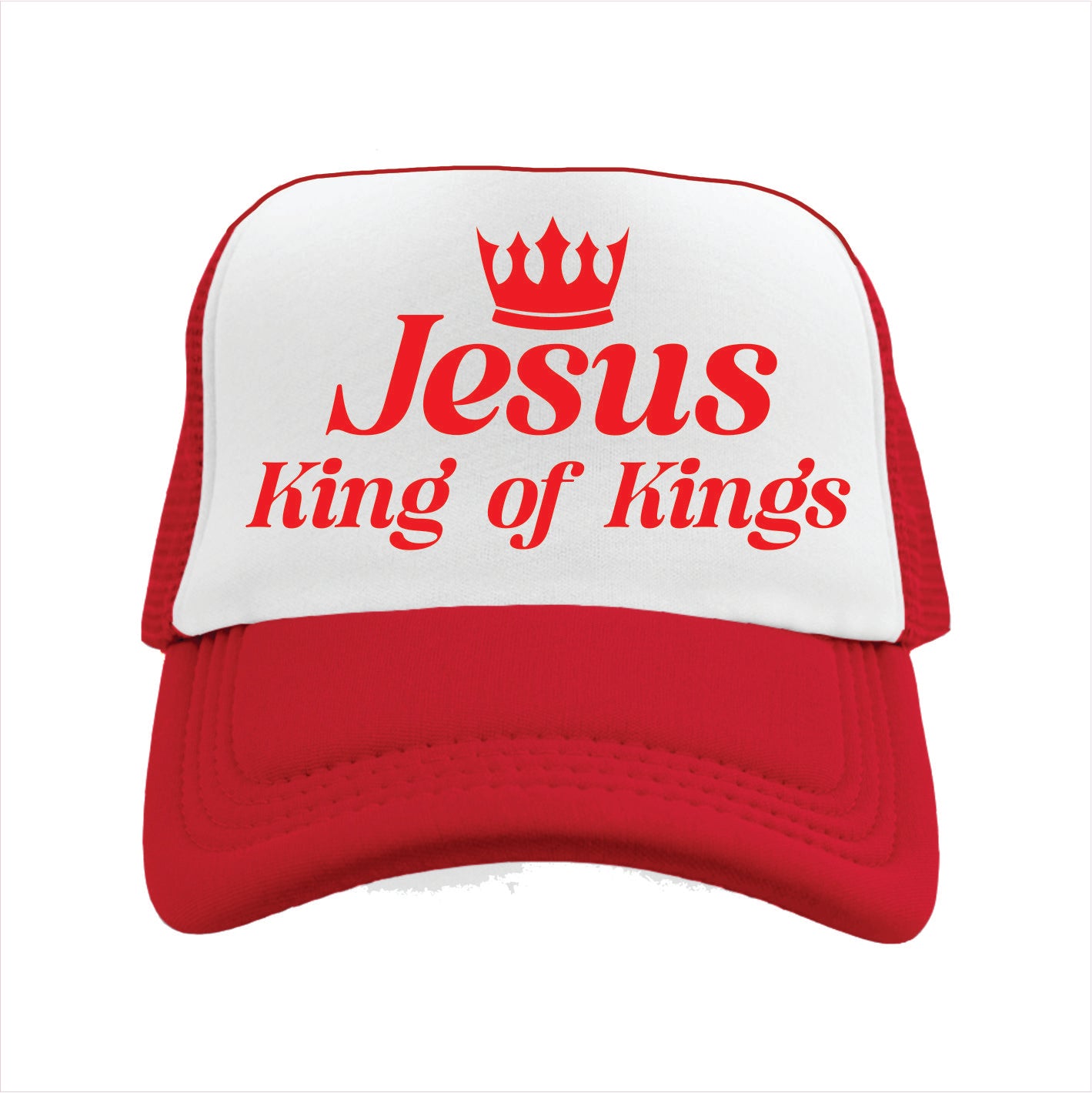 Red and white trucker hat cap with 'Jesus King of Kings' text on a white background