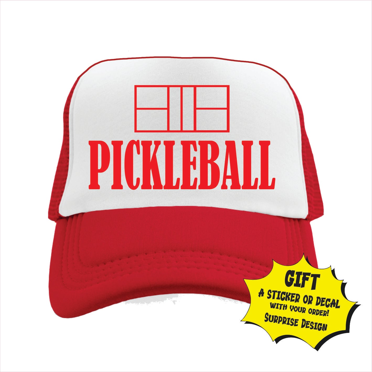 red and white trucker hat cap with 'PICKLEBALL' text on the front.