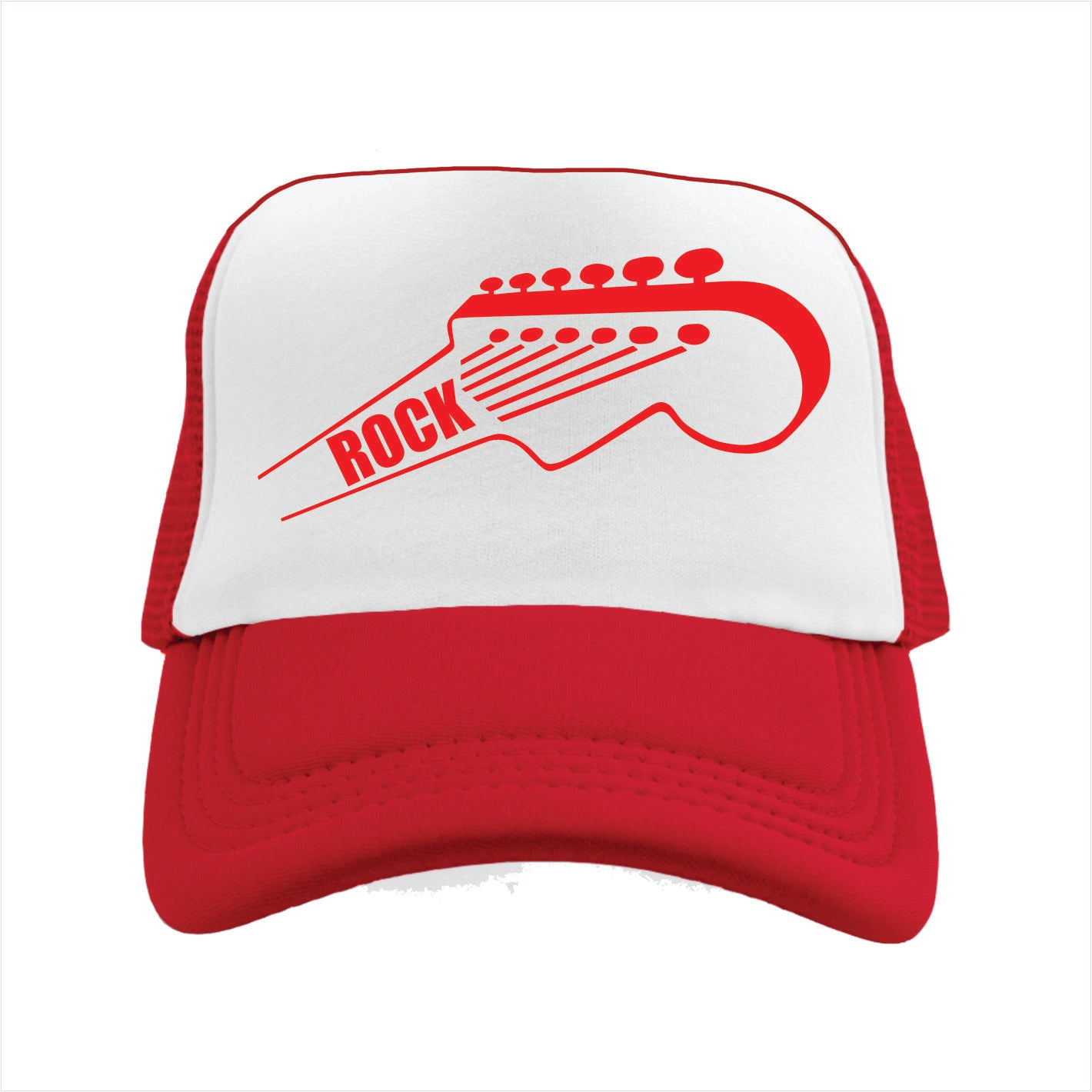 Red and white trucker hat cap with guitar design and 'Rock' text on a white background