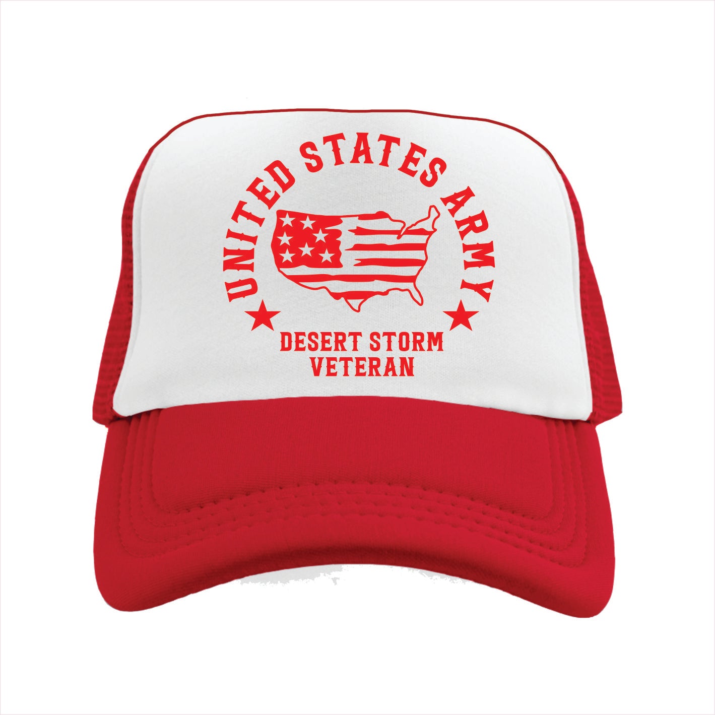 Red and white trucker hat cap with 'United States Army Desert Storm Veteran' text on a white background