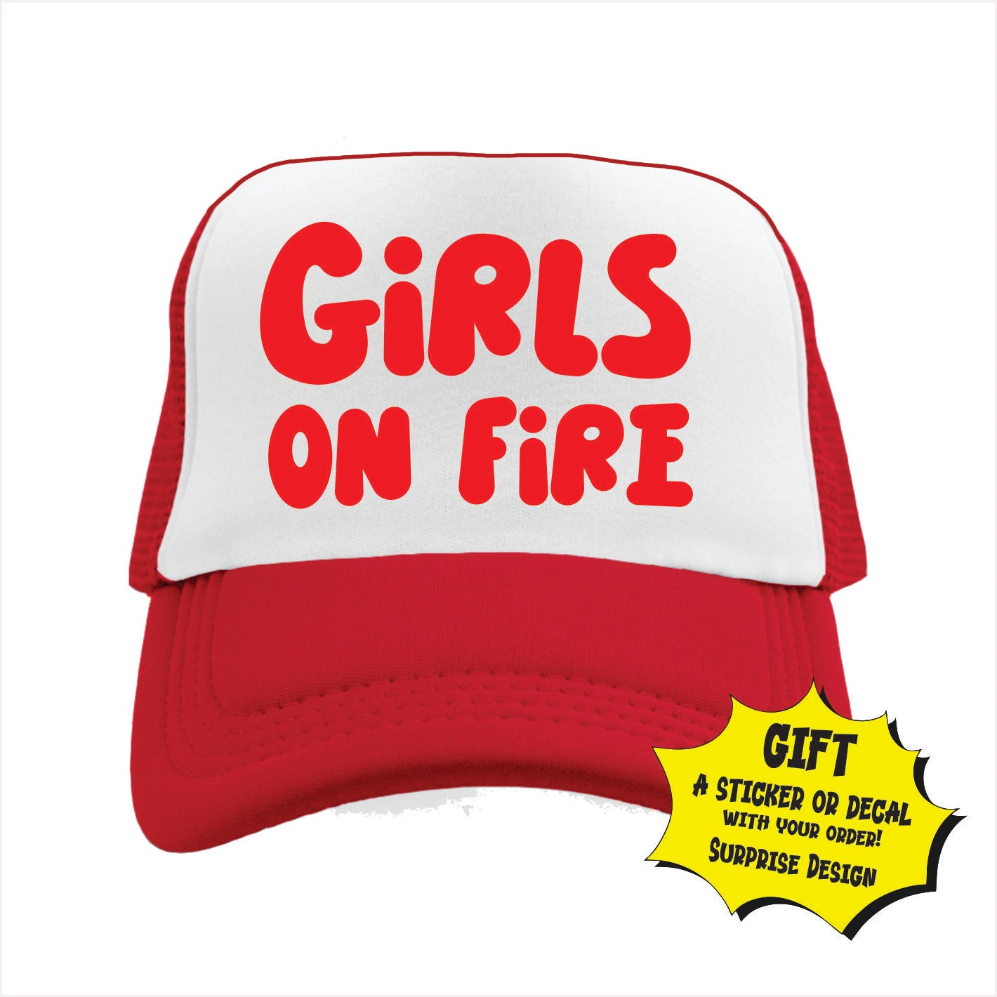 Red and white trucker hat cap with 'GIRLS ON FIRE' text in capital letters on the front.
