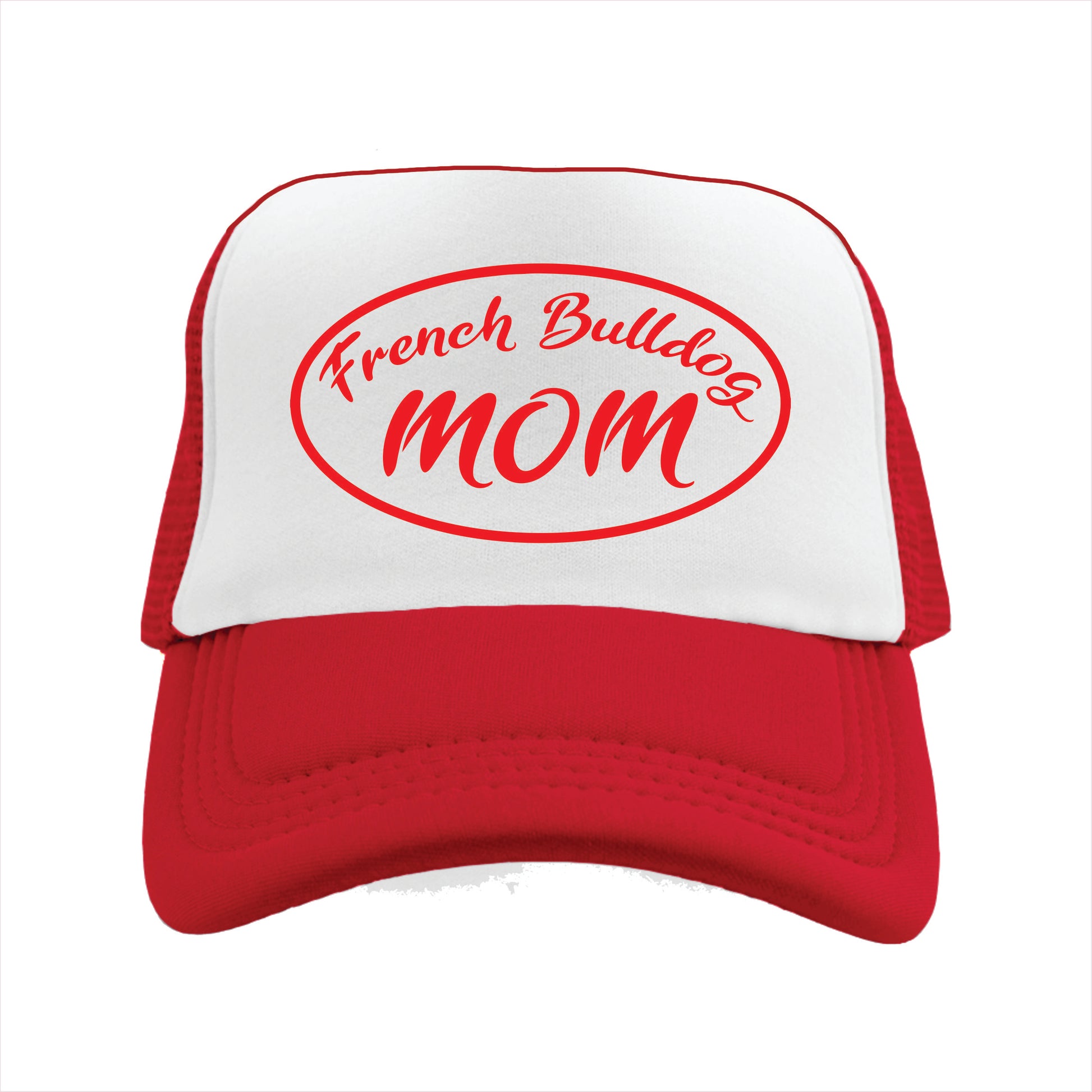 Red and white trucker hat cap with 'French Bulldog MOM' text in a circular design on the front.