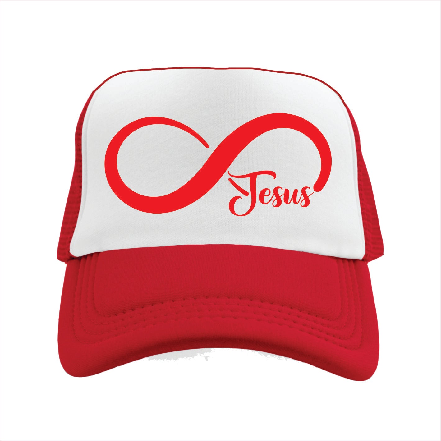 Red and white trucker hat cap with an infinity symbol and 'Jesus' text on a white background