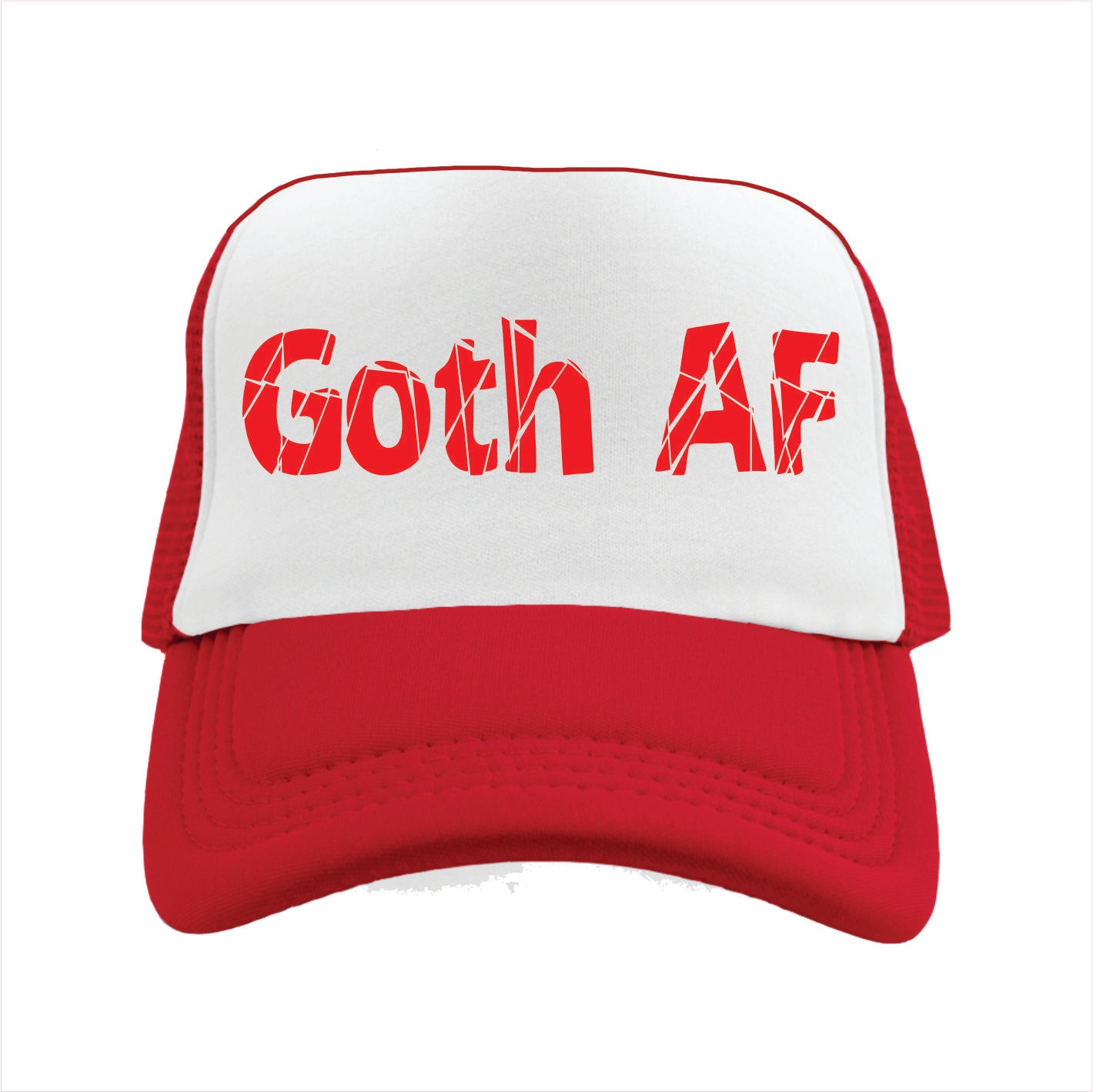Red and white cap with 'Goth AF' text on a white background