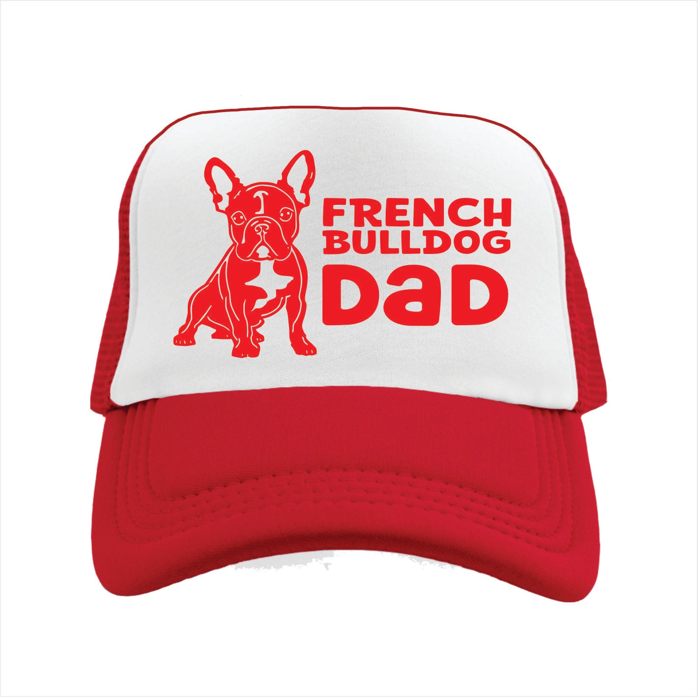 Red and white trucker hat cap with a French Bulldog graphic and 'French Bulldog Dad' text on a white background