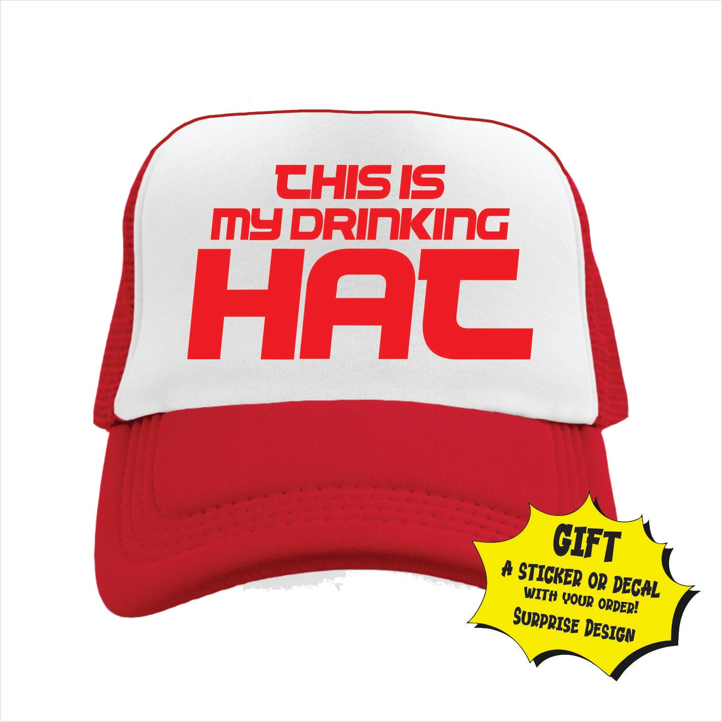 Red and white trucker hat cap with the text 'This is my drinking HAT' printed on the front.