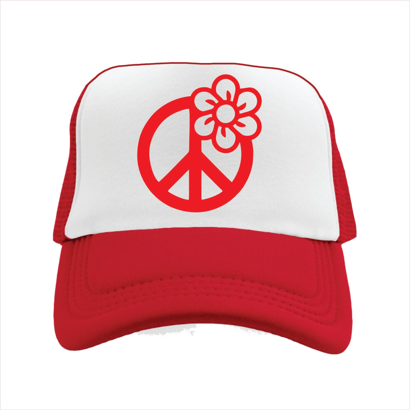 Red and white trucker hat cap with peace symbol and flower design on a white background