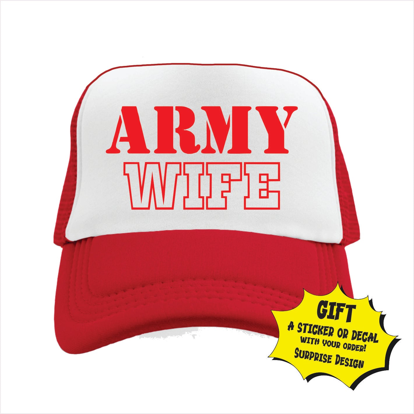 Red and white trucker hat cap with 'ARMY WIFE' written in bold letters on the front.