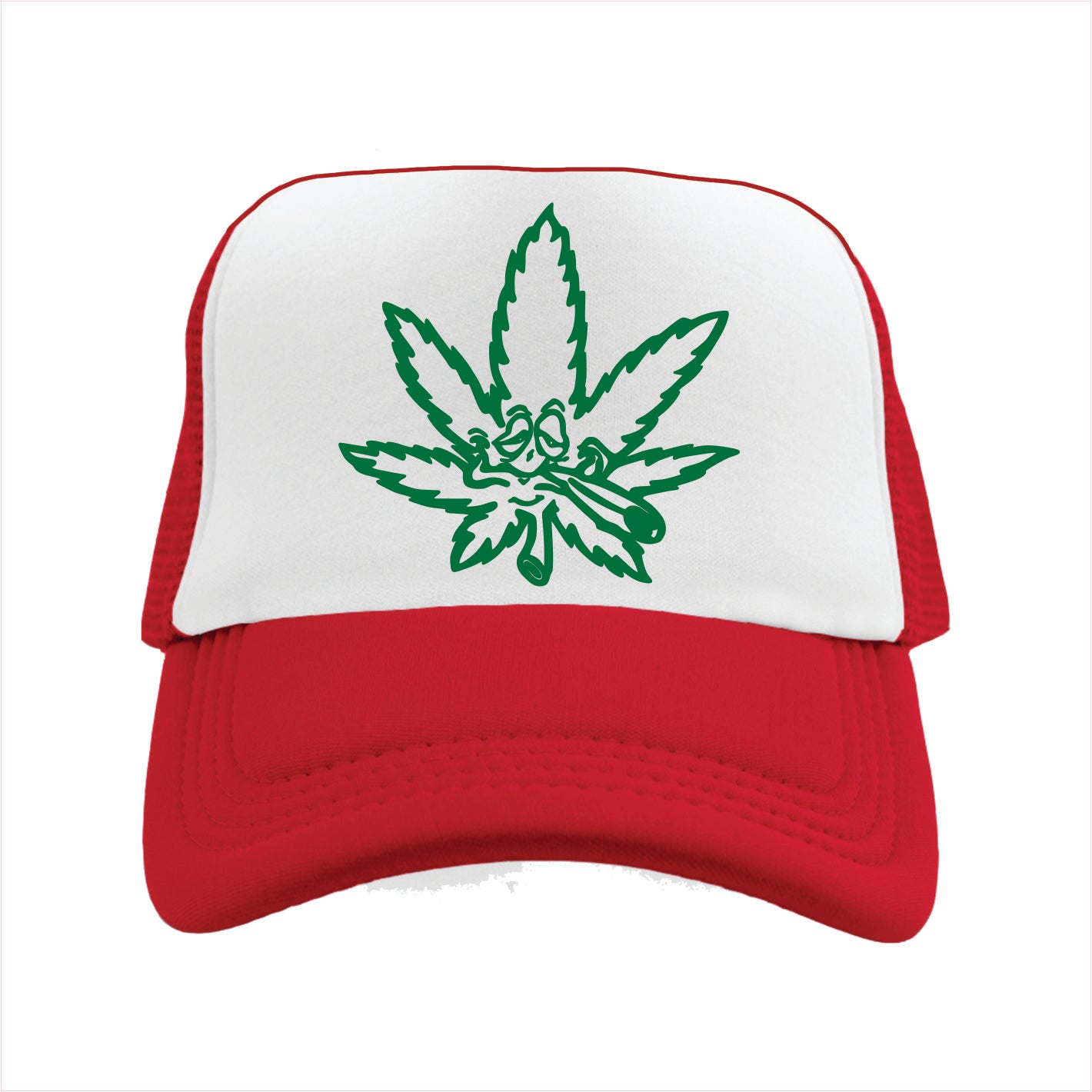 Red and white trucker hat cap with green cannabis leaf design on a white background