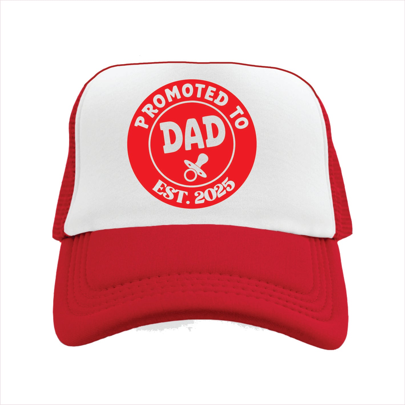 Red and white trucker hat cap with 'Promoted to Dad Est. 2023' text on a white background