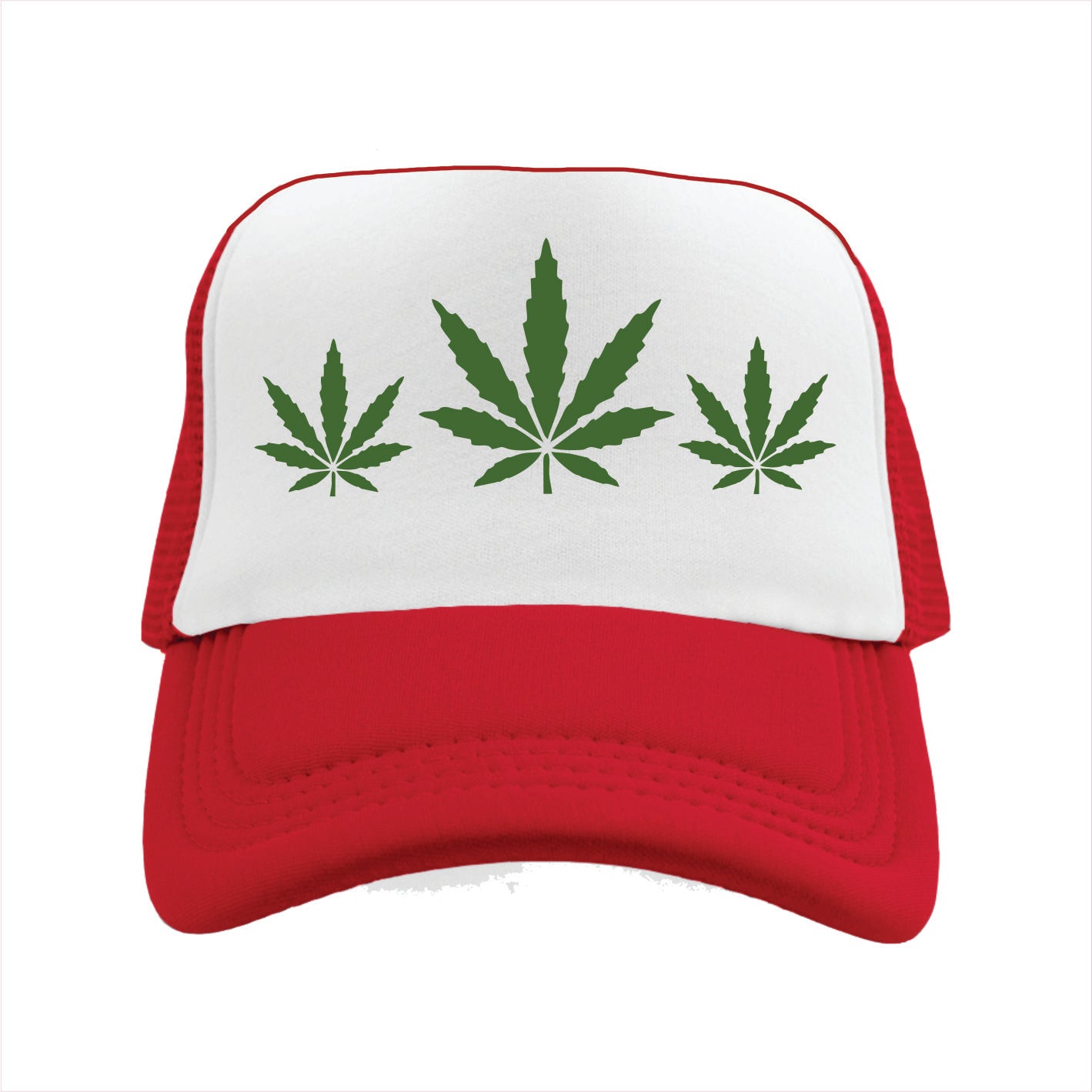 Red and white trucker hat cap with green cannabis leaves on a white background