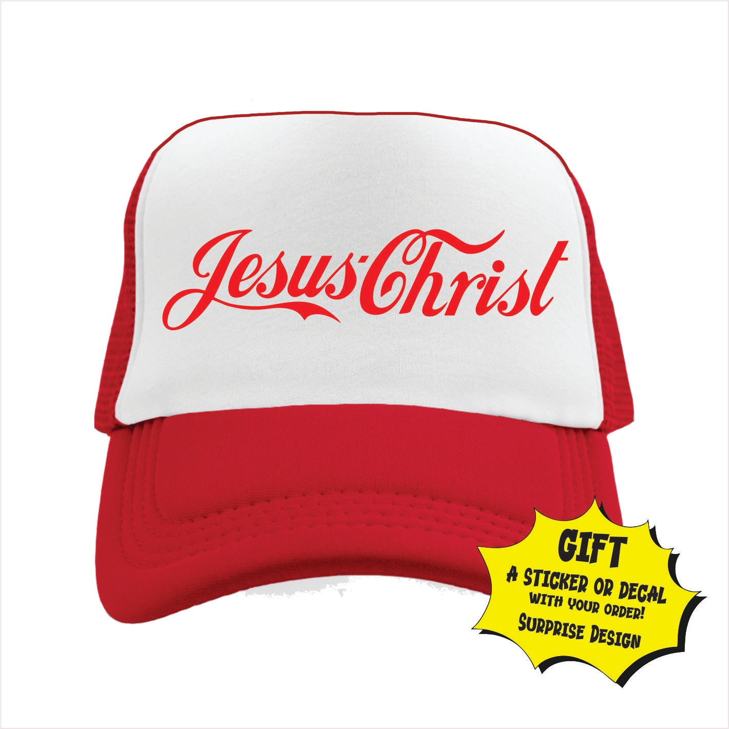 Red and white trucker hat cap with 'Jesus Christ' text on the front