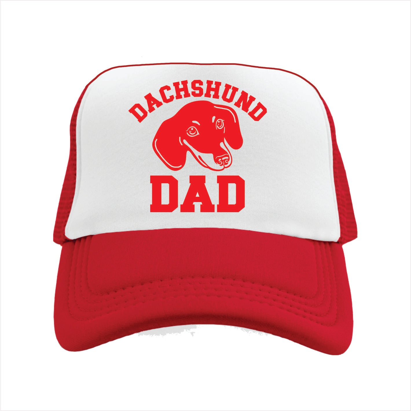 Red and white cap with 'Dachshund Dad' text and dachshund graphic on a white background