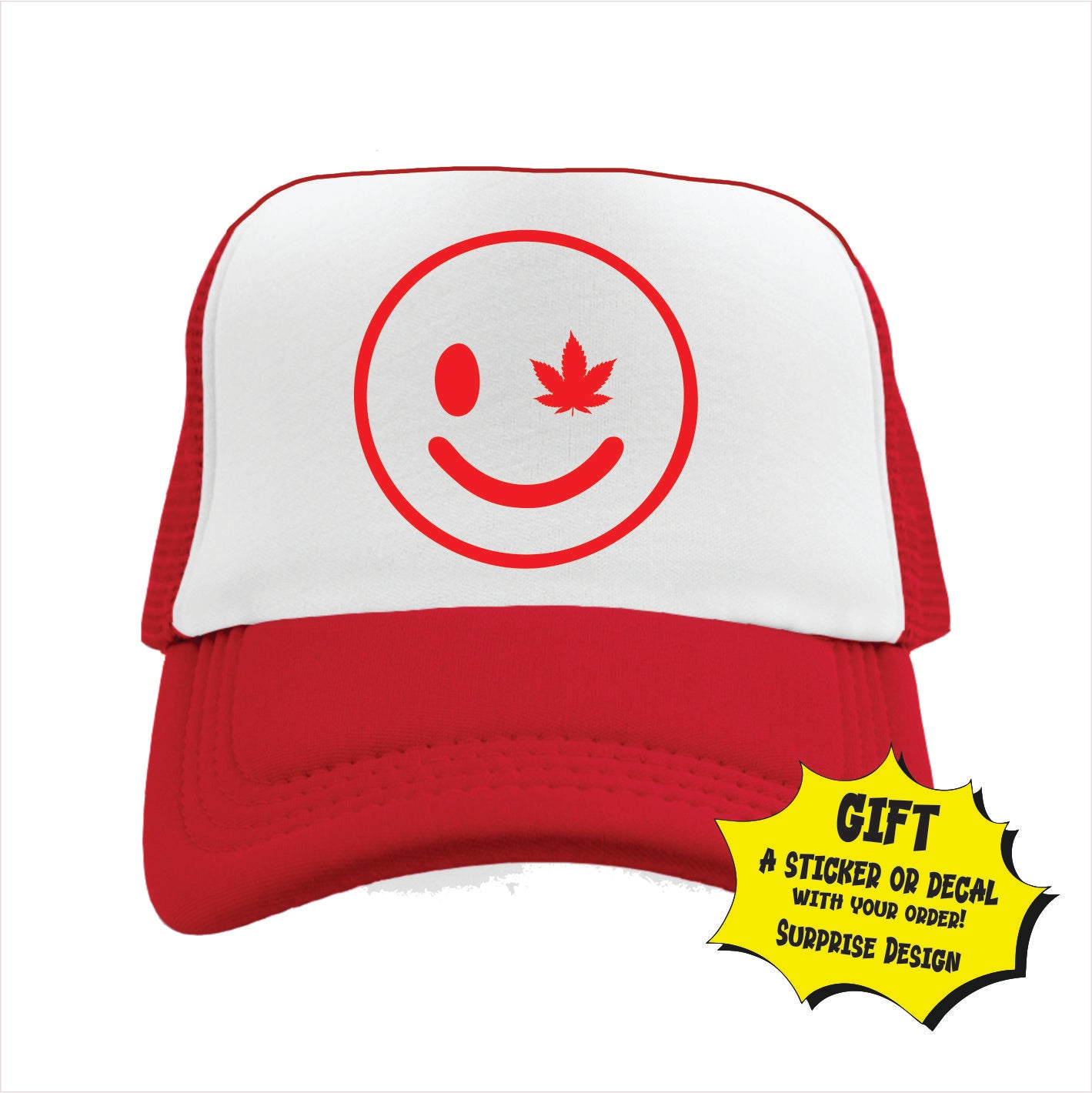 Red and white trucker hat cap with a red smiley face and a cannabis leaf design on the front.