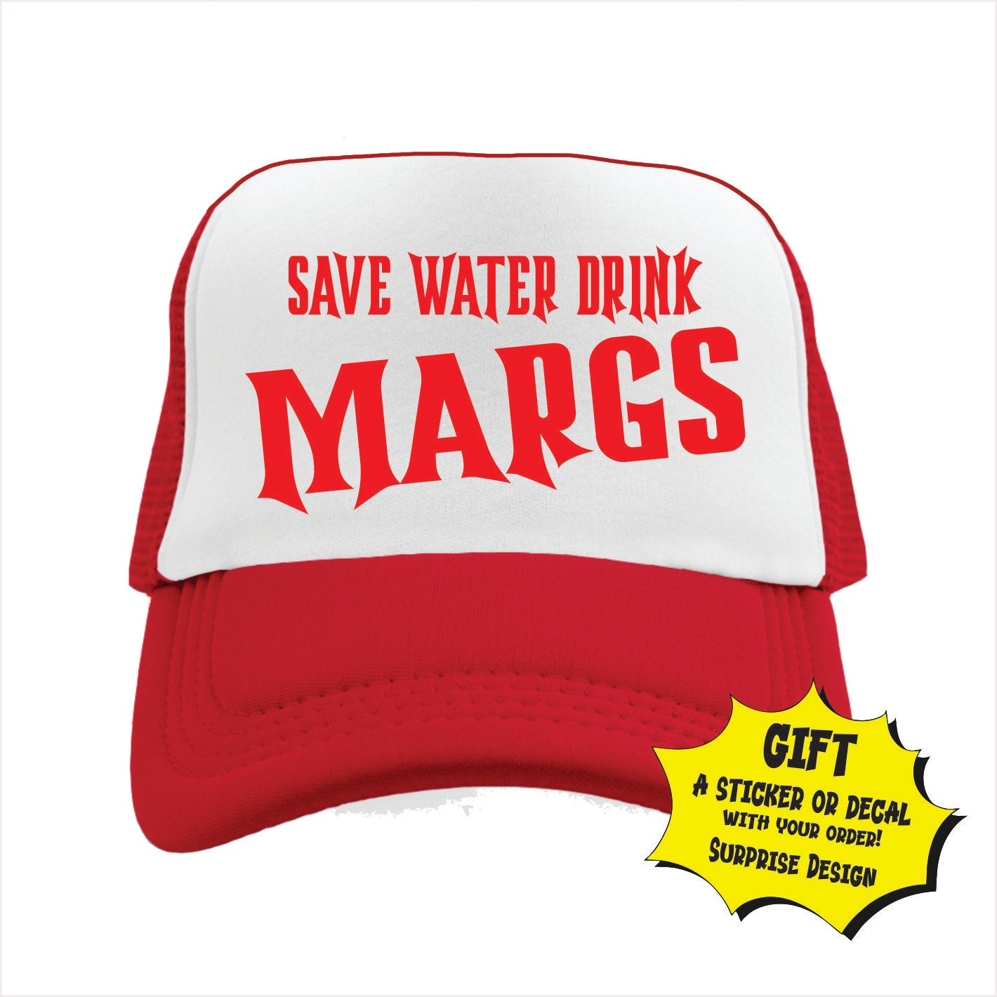 Red and white trucker hat cap with 'Save Water Drink Margaritas' text on a white background
