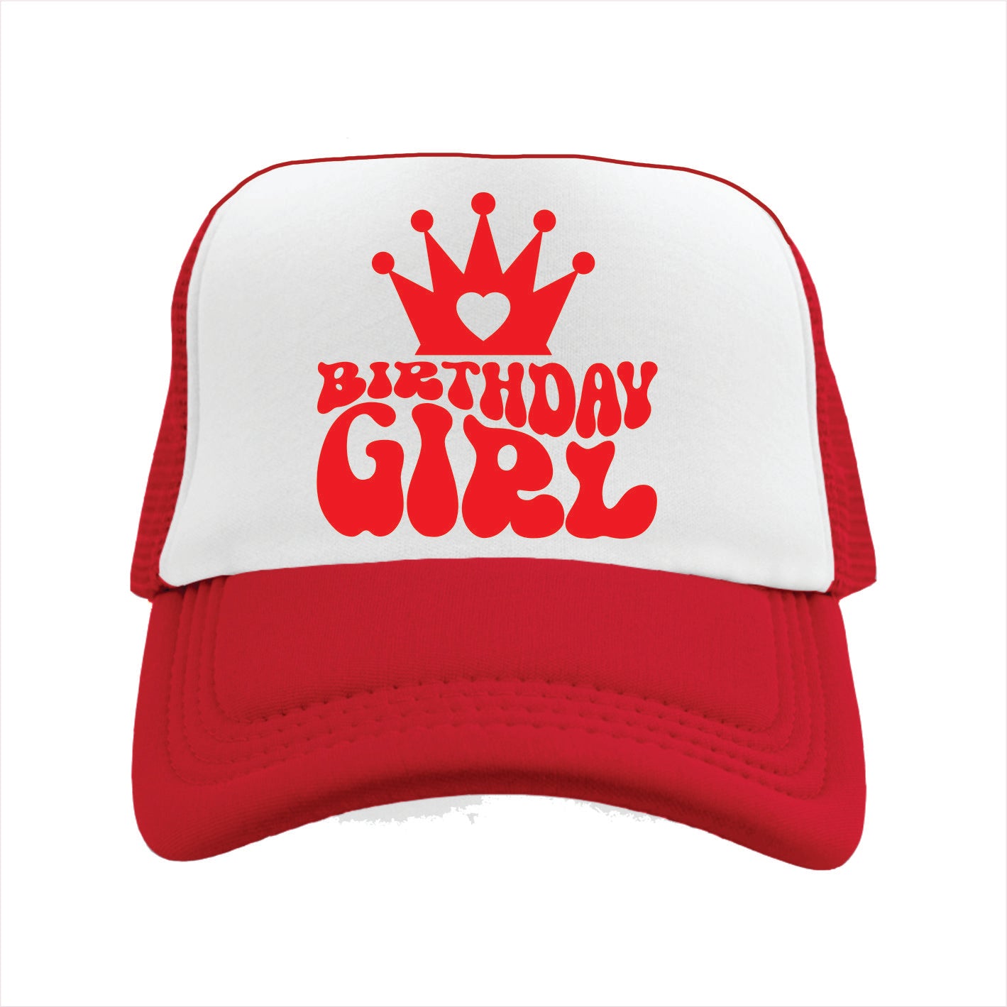 Red and white trucker hat cap with 'BIRTHDAY GIRL' printed in bold letters on the front.