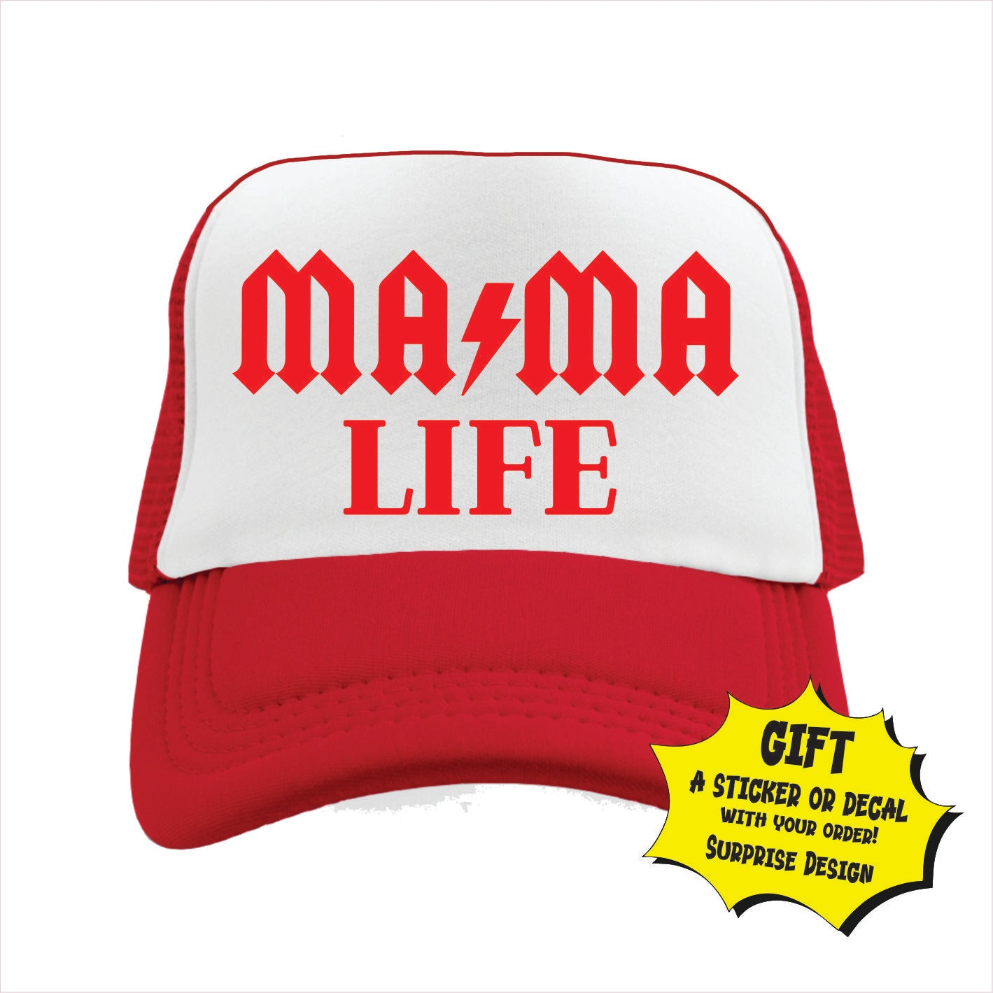 Red and white trucker hat cap with 'MAMA LIFE' text in black, featuring a lightning bolt symbol.