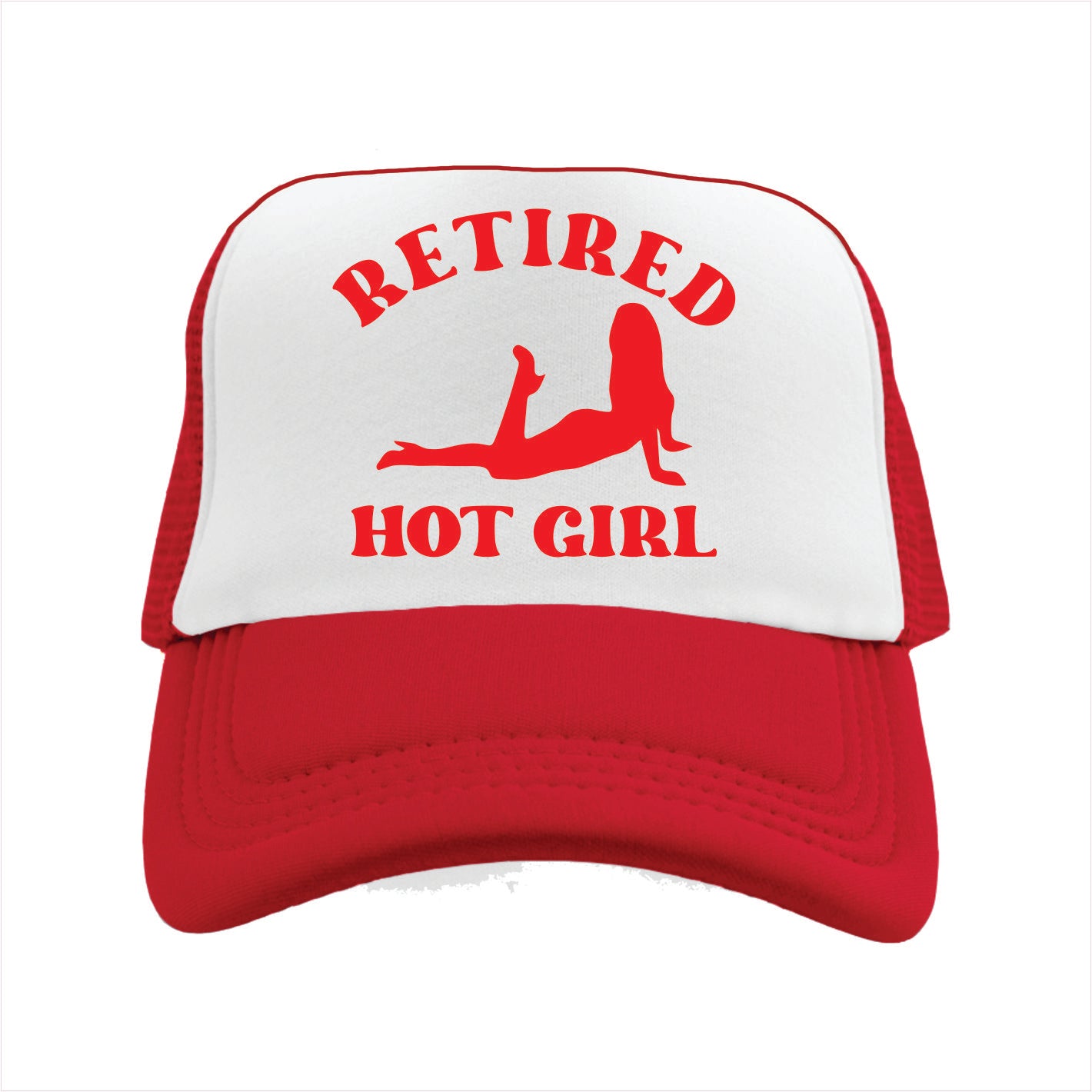 Red and white trucker hat cap with 'Retired Hot Girl' text and graphic on a white background