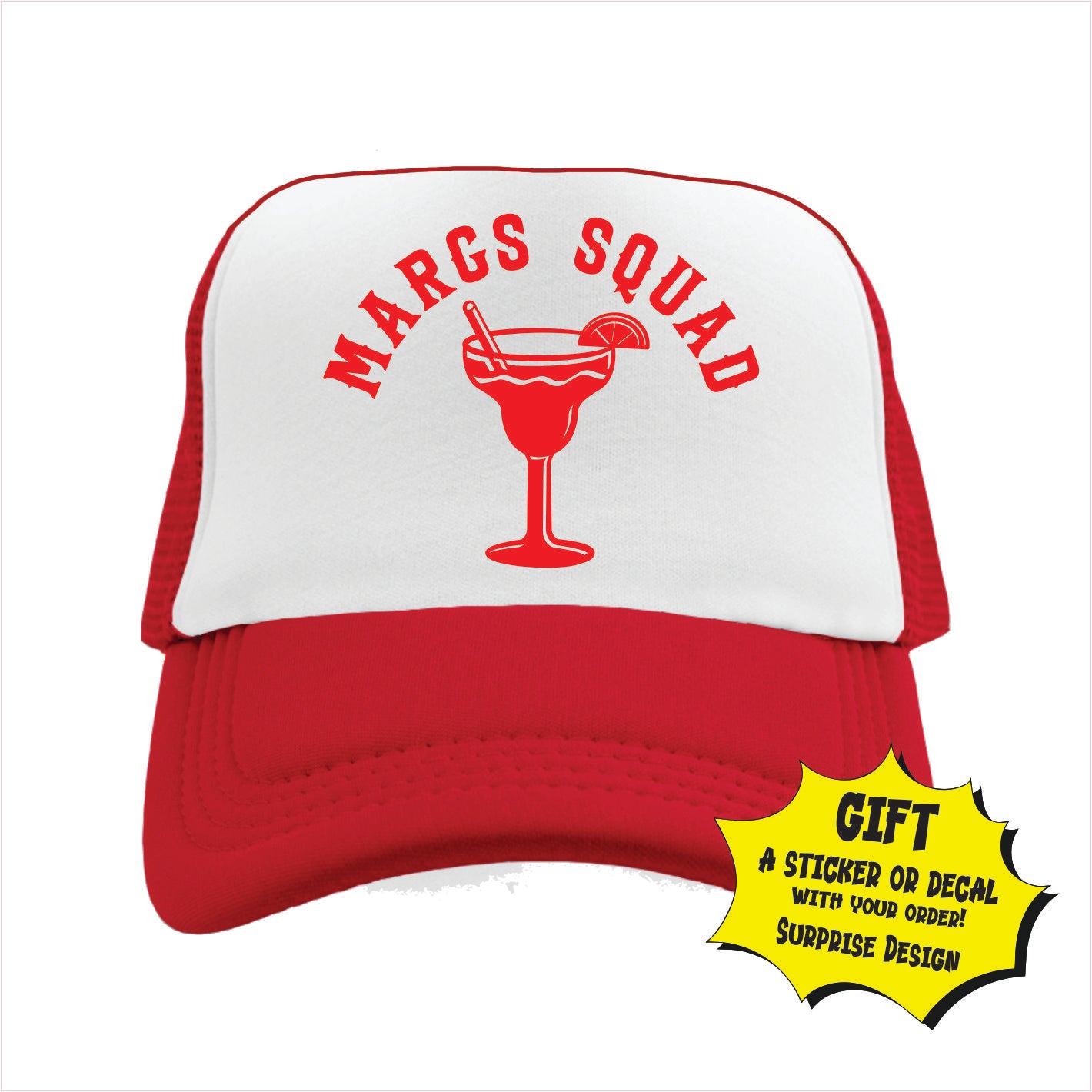 Red and white trucker hat cap with 'Margs Squad' text and margarita graphic.