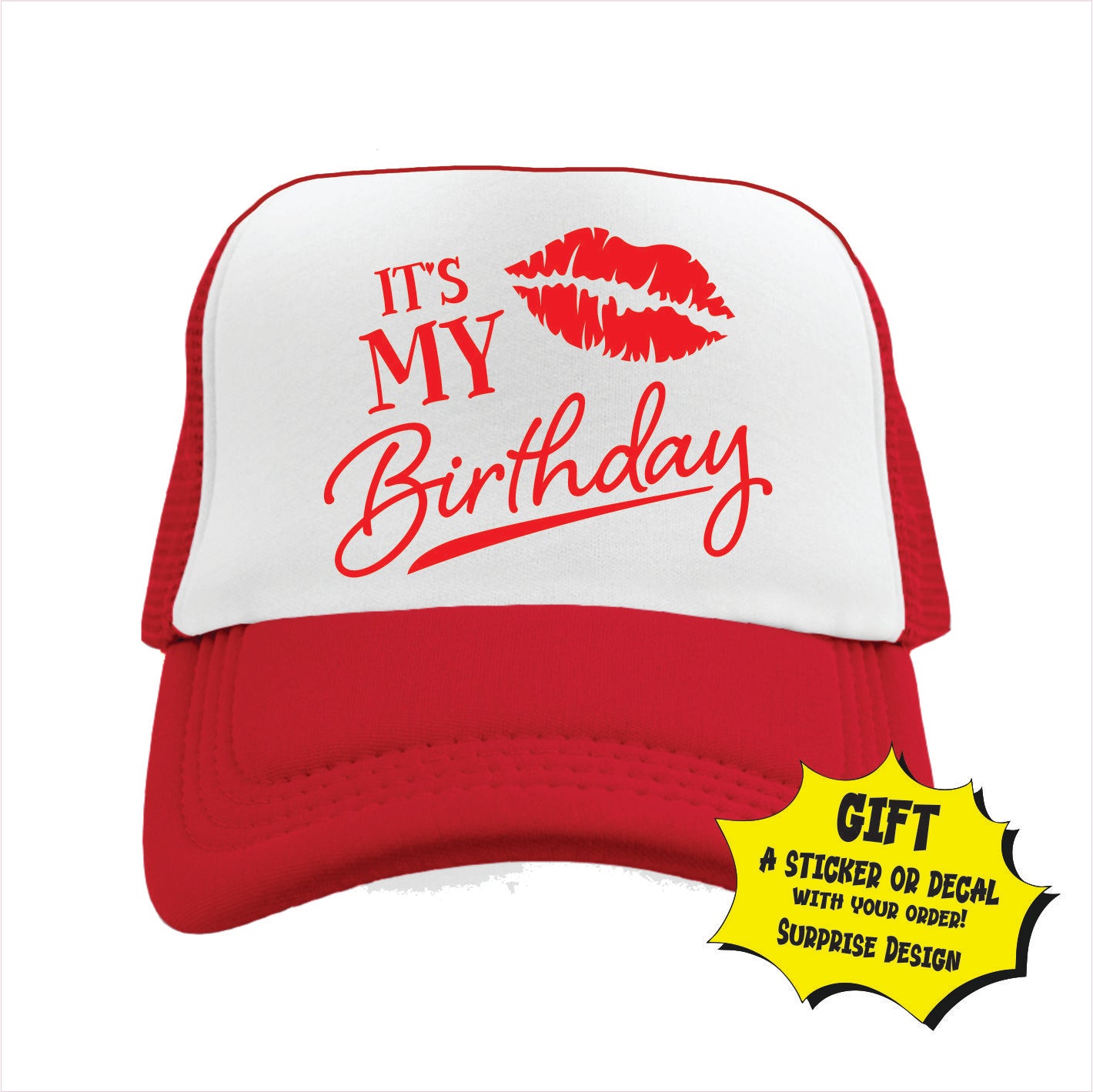 Red and white trucker hat cap with 'It's My Birthday' text and a lips design on the front panel.