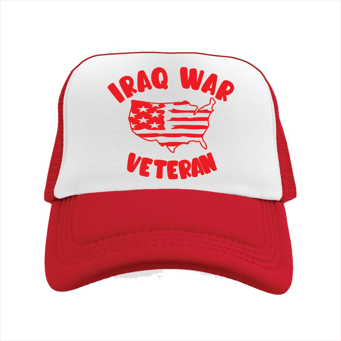 Red and white trucker hat cap with 'Iraq War Veteran' text and map design on a white background