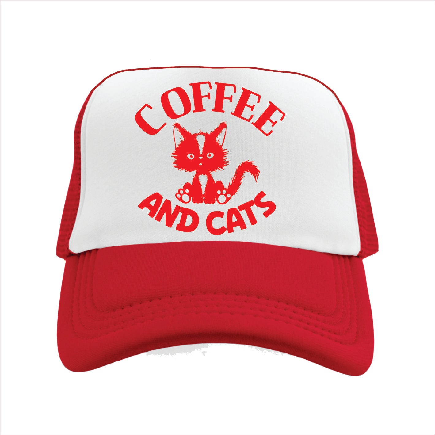 Red and white trucker hat cap with 'Coffee and Cats' text and cat graphic on a white background