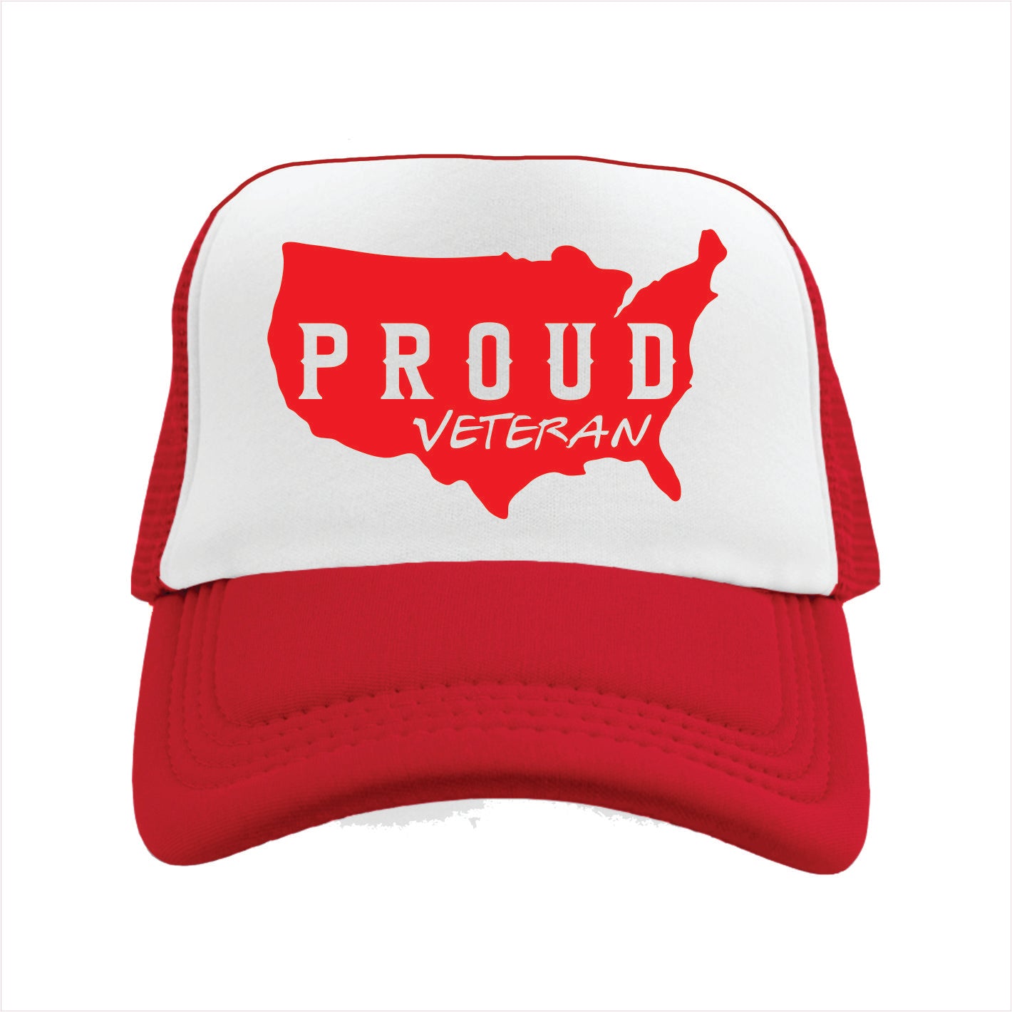 Red and white trucker hat cap with 'PROUD VETERAN' text and USA map design on a white background