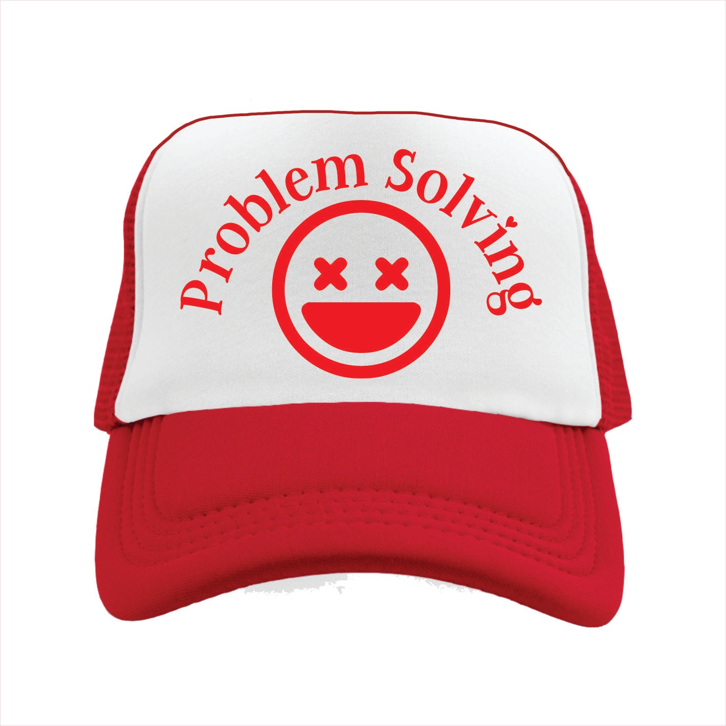 Red and white trucker hat  cap with 'Problem Solving' text and smiley face design on a white background