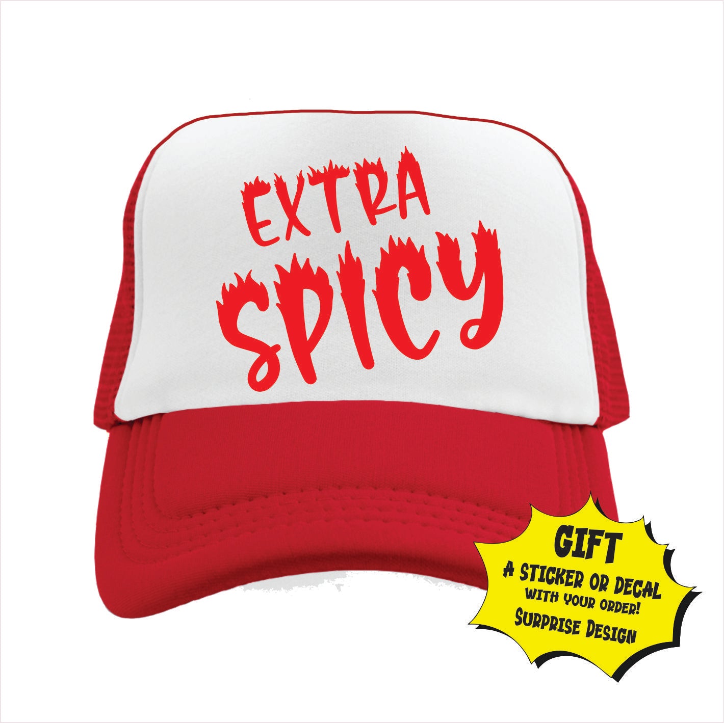 Red and white trucker hat cap with 'EXTRA SPICY' written in bold, pink letters on the front panel