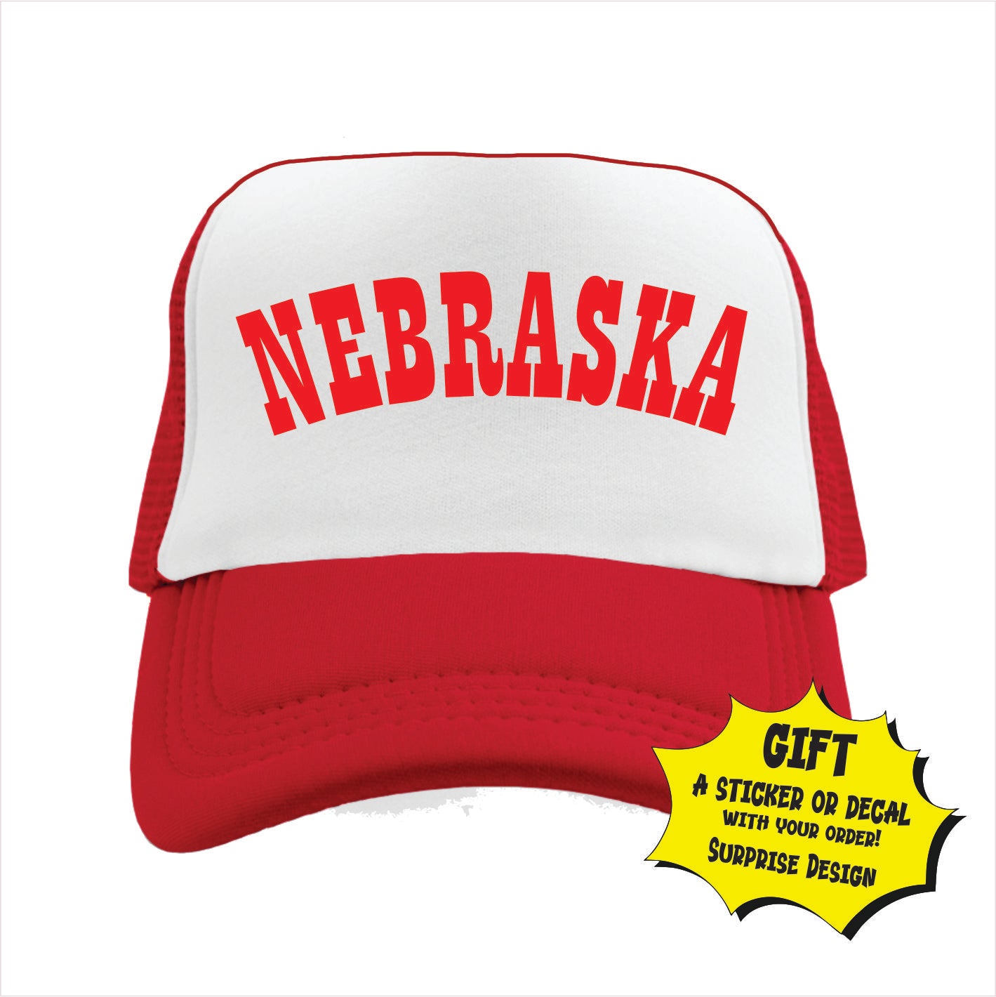 Red and white Nebraska trucker hat cap with an adjustable strap, featuring the word 'NEBRASKA' printed in bold red letters on the front.