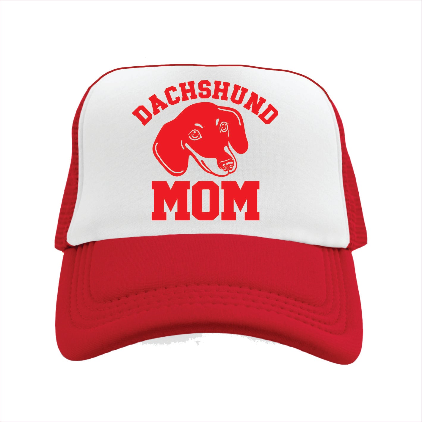 Red and white trucker hat cap with 'Dachshund Mom' text and dachshund graphic on a white background