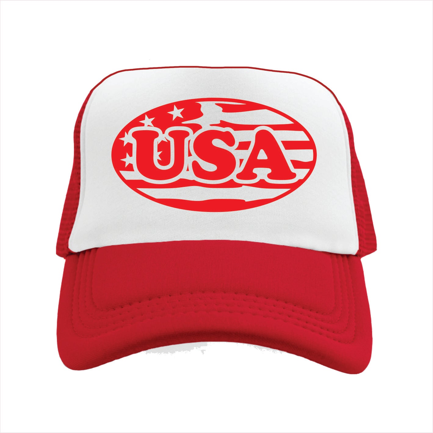 Red and white trucker hat cap with 'USA' logo on a white background