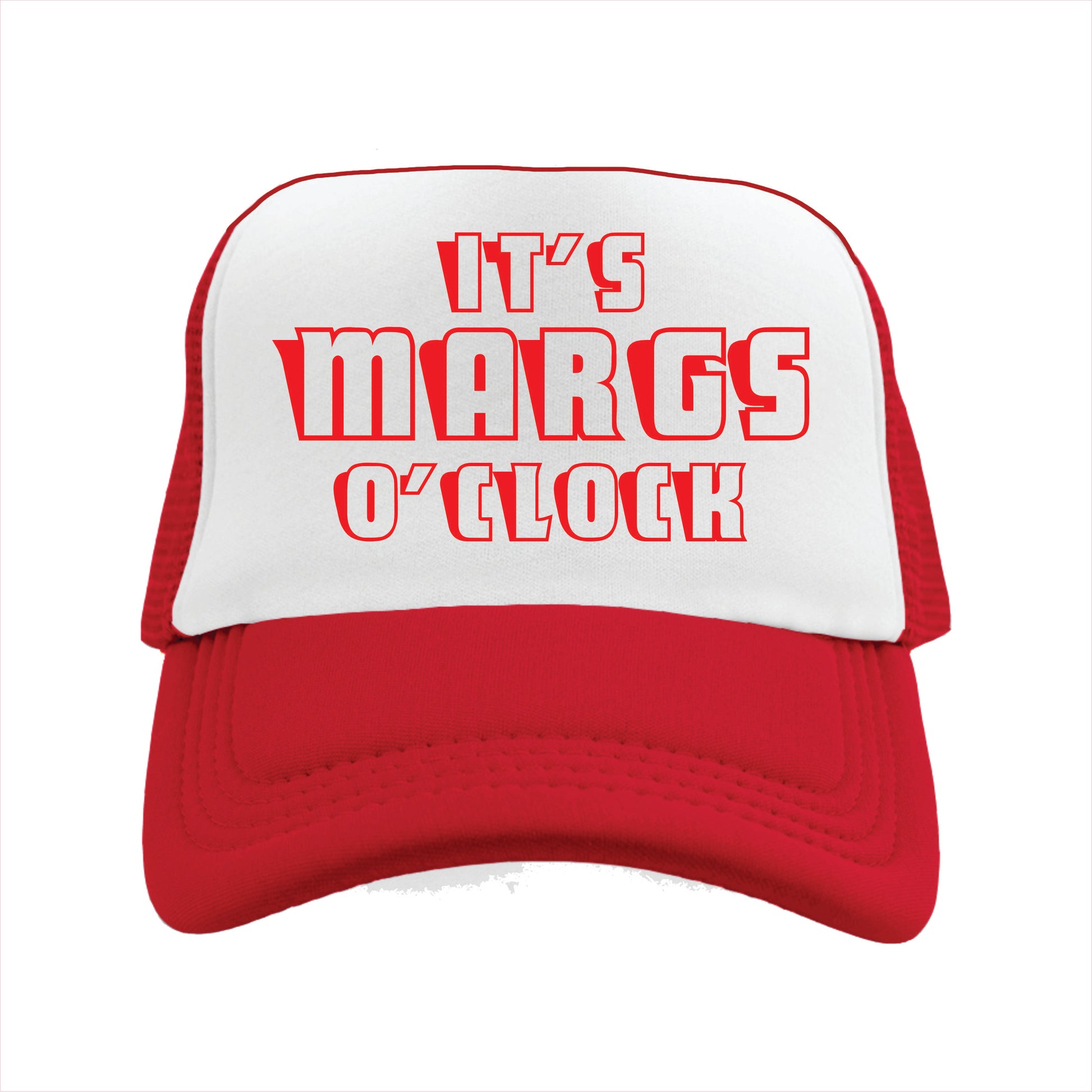 Red and white trucker hat cap with the text 'IT'S MARGS O' CLOCK' in red capital letters on the front.