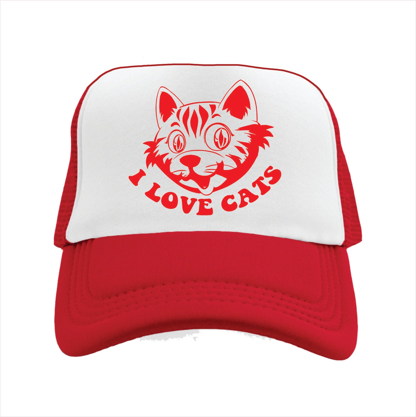 Red and white trucker hat cap with a cat illustration and 'I Love Cats' text on a white background