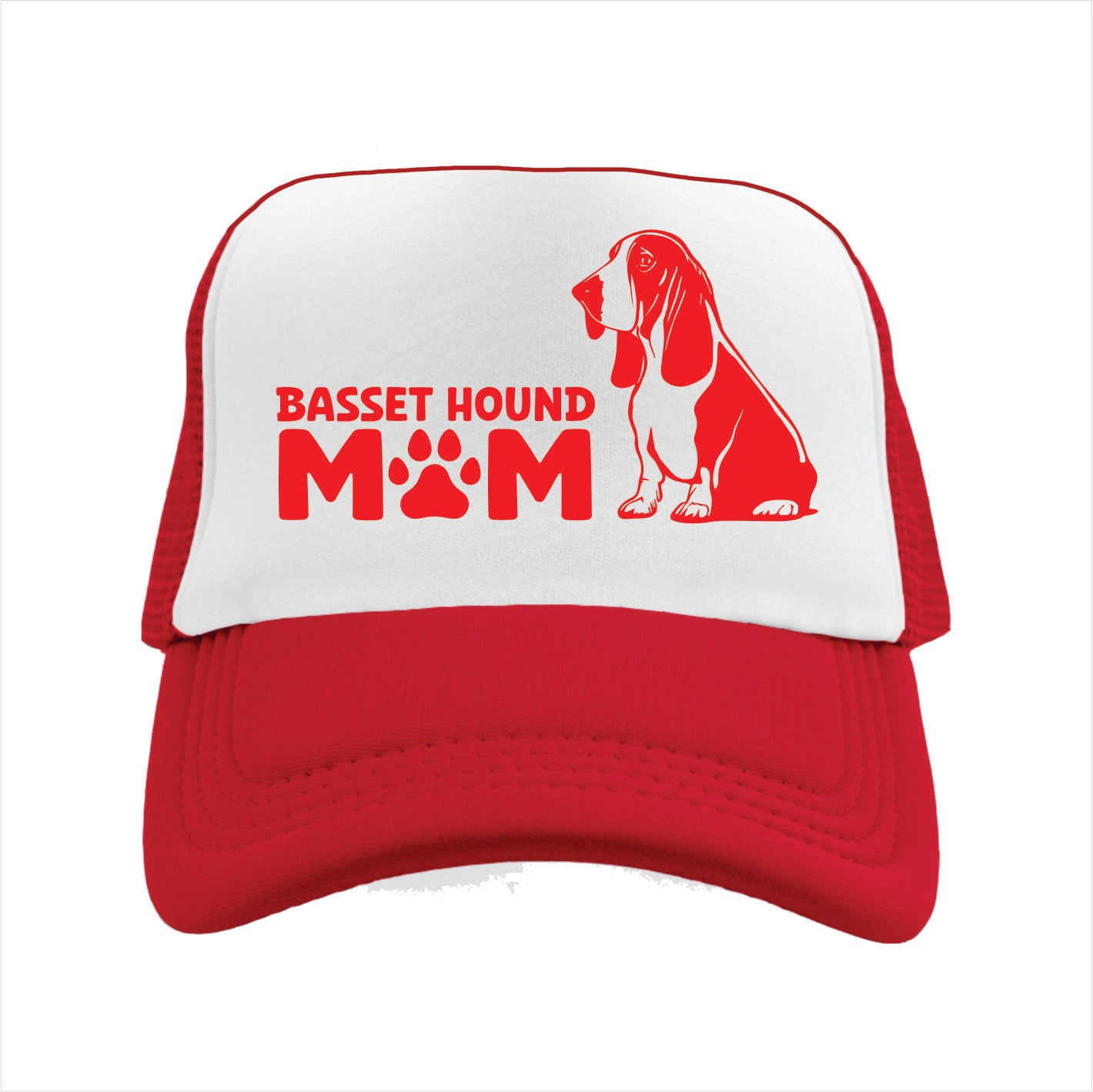 Red and white trucker hat cap with 'Basset Hound Mom' text and dog silhouette on a white background
