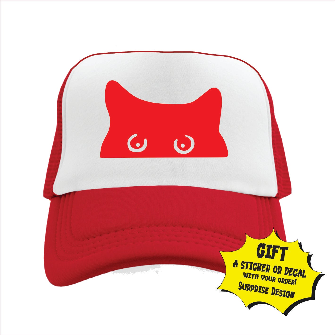 Red and white trucker hat cap with a design of a cat's face on the front.