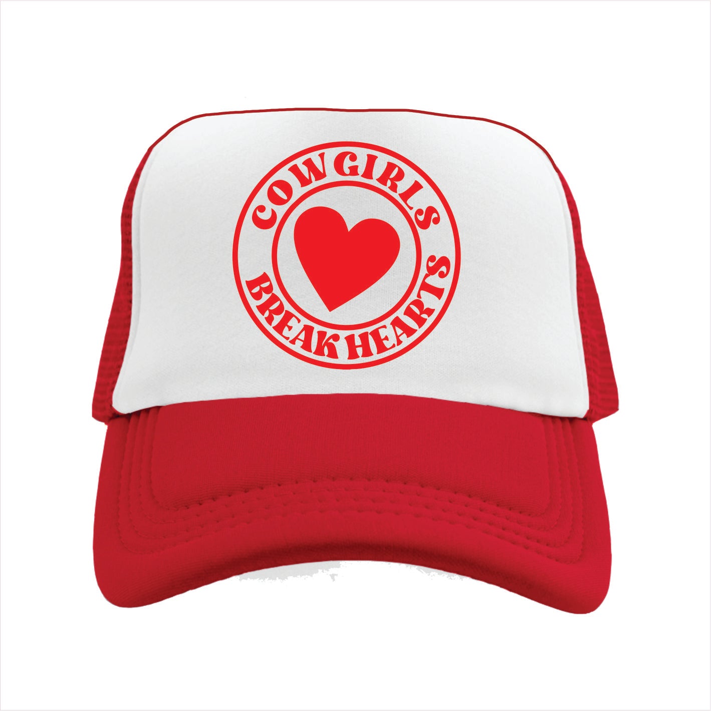 Red and white trucker hat cap with 'COWGIRLS BREAK HEARTS' text and a heart symbol printed on the front.
