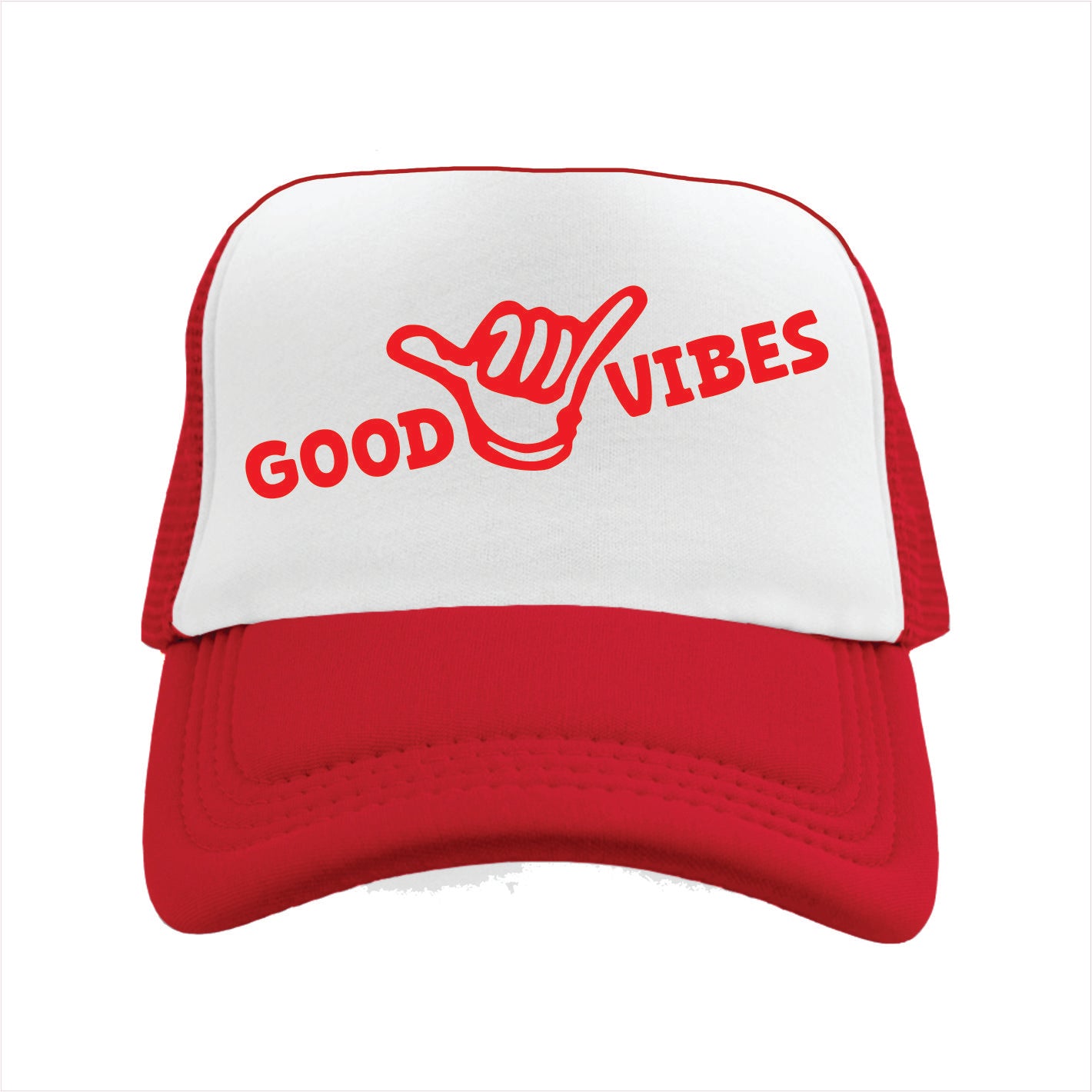 Red and white cap with 'Good Vibes' text on a white background